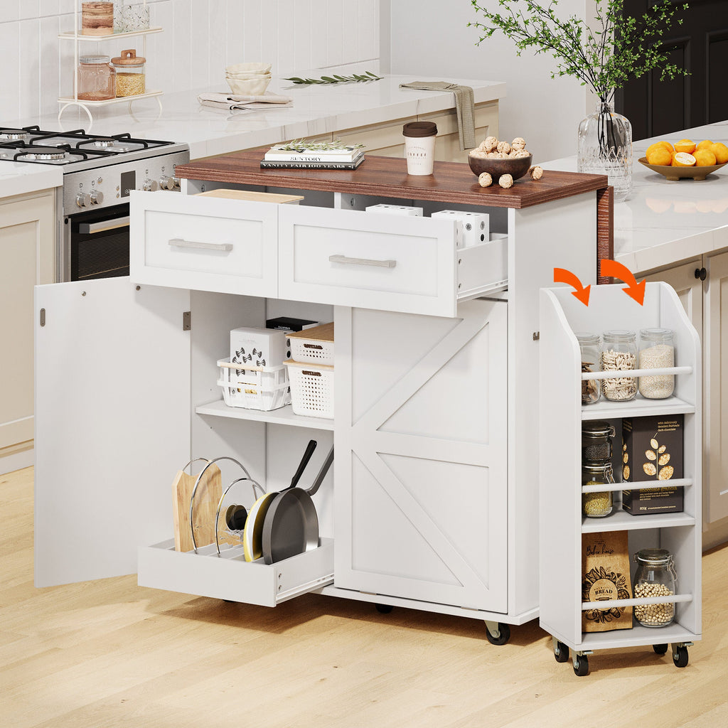K&K 47.2' Farmhouse Kitchen Island with Drop Leaf, Kitchen Storage Island with Removable Side Racks, Two Drawers, Rolling Kitchen Cart on Wheels with Towel Rack, for Home, Kitchen, Dining Room, White