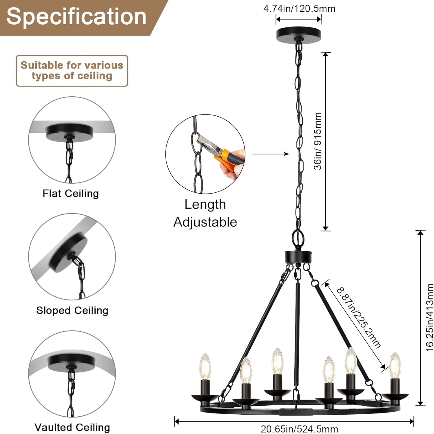 Black Farmhouse Wagon Wheel Chandelier Six Light Fixture