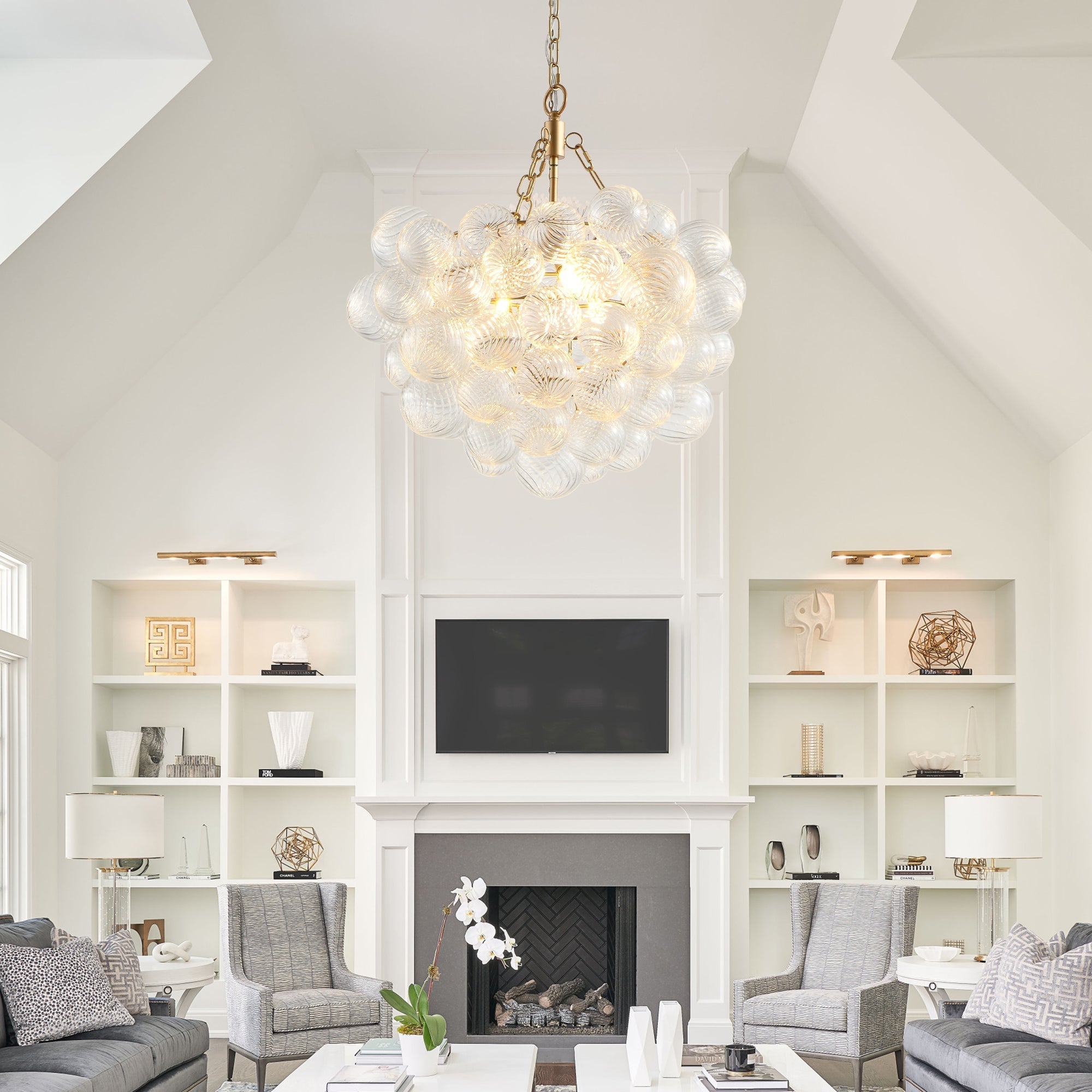 20-Inch Gold Pendant Light Chandelier with Threaded Clear Glass Globe Shade