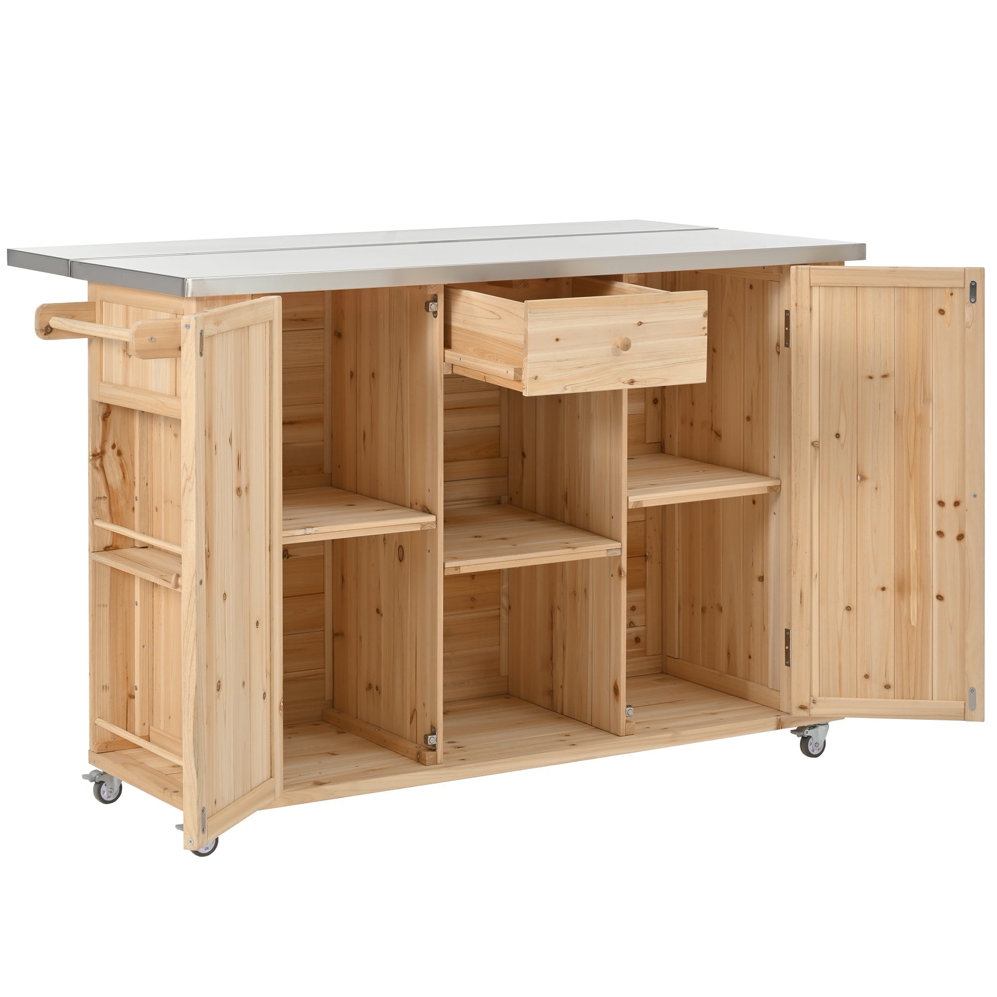 Outdoor Kitchen Island Fir Wood Kitchen Island with Stainless Steel Top, Ample Storage Space, Towel and Spice Racks, Bottle Opener, Natural