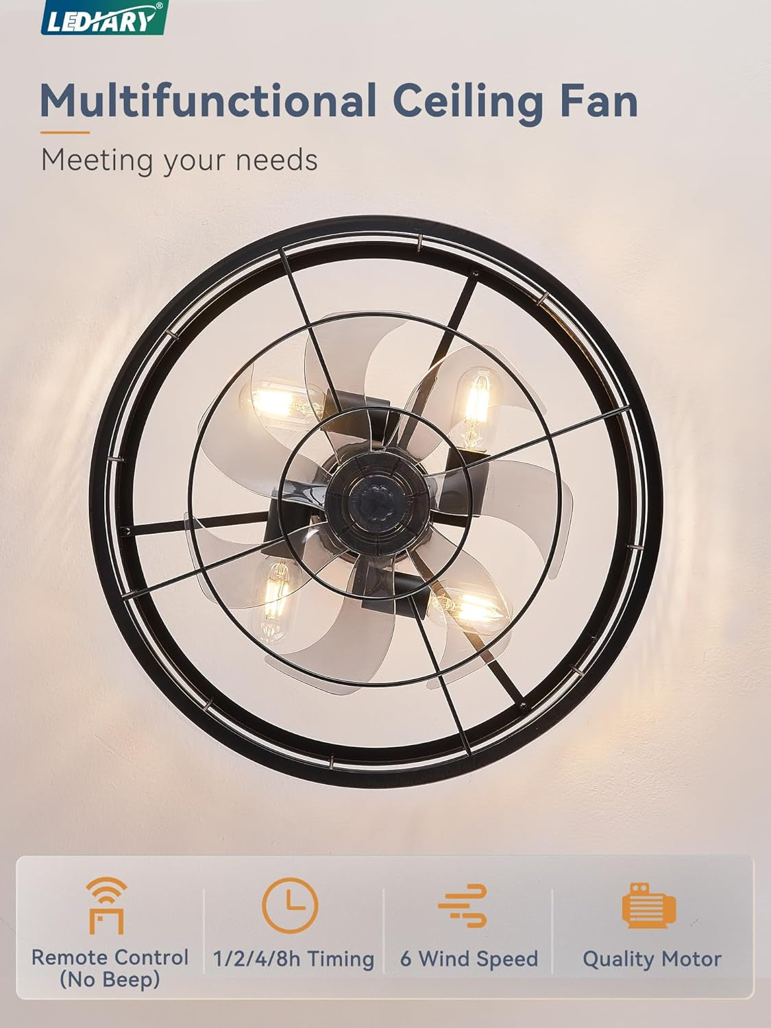 20 Inch Black Bladeless Fandelier Ceiling Fan With Light And Remote 6 Speeds For Kitchen Bedroom Living Room