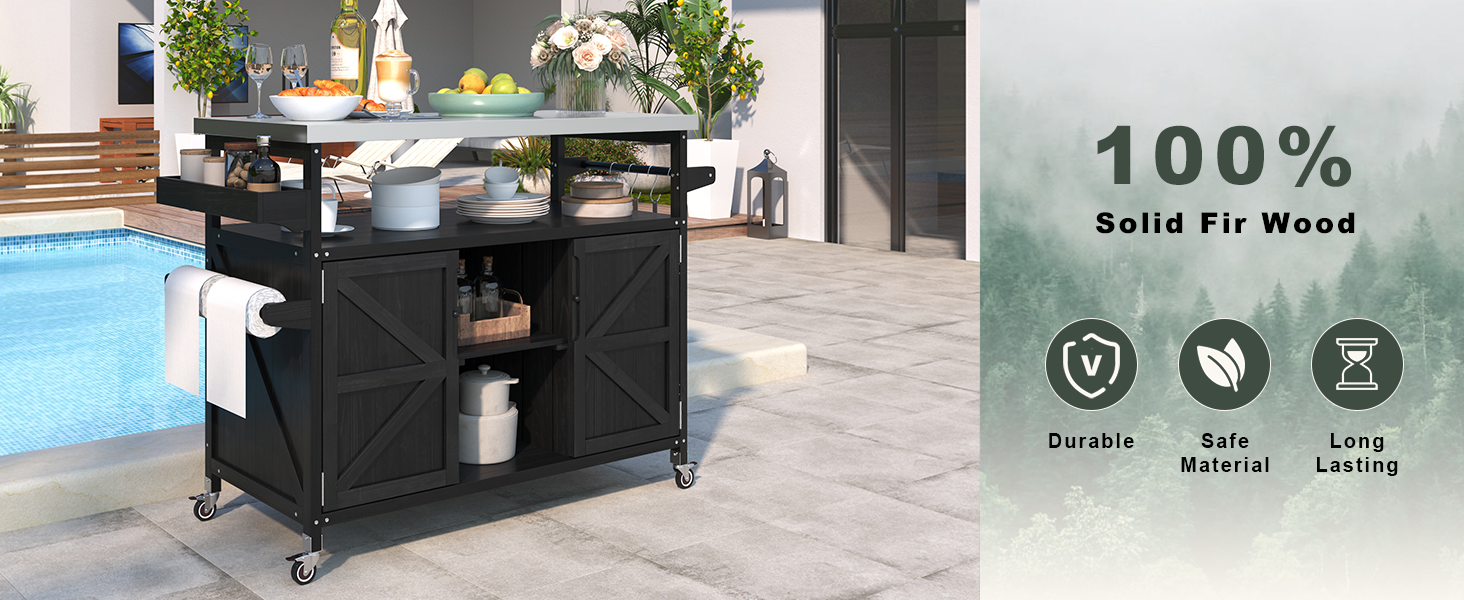 K&K Outdoor Kitchen Island with Rolling Bar Cart and Storage Cabinet