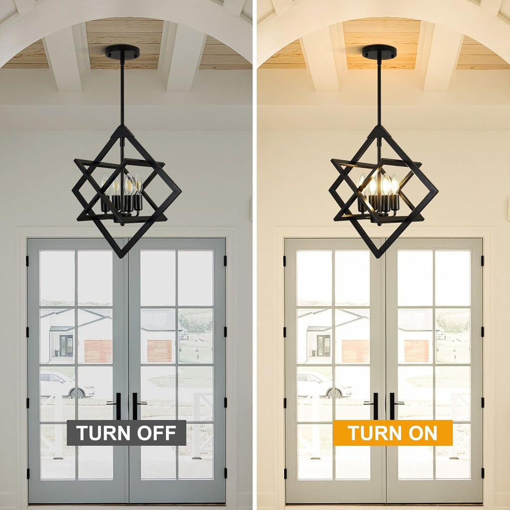 18 Inch Black Geometric Industrial Farmhouse Chandelier With 4 Lights Adjustable Height