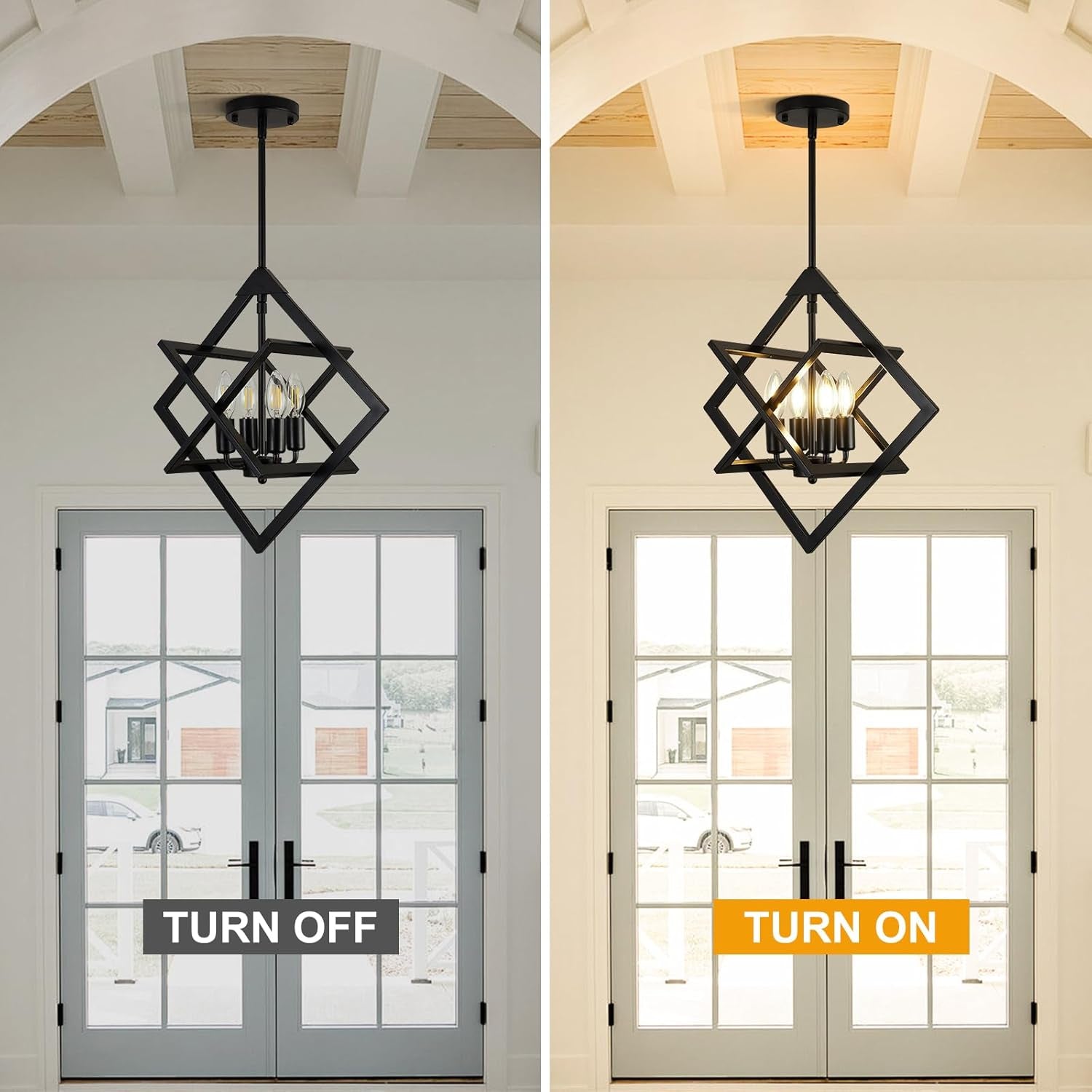 18 Inch Black Geometric Industrial Farmhouse Chandelier With 4 Lights Adjustable Height