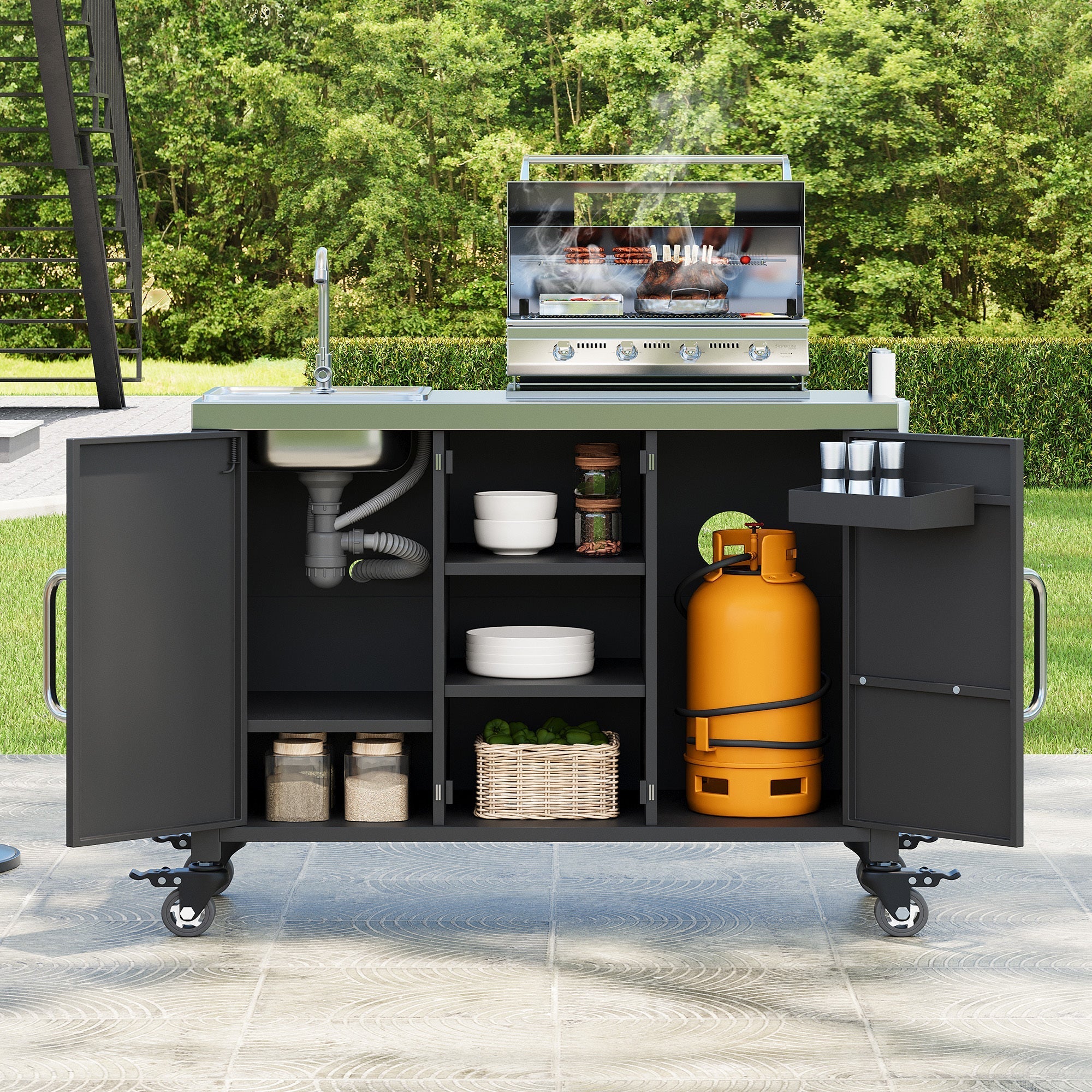 K&K 55.5' Outdoor Kitchen Island with 304 Stainless Steel Sink