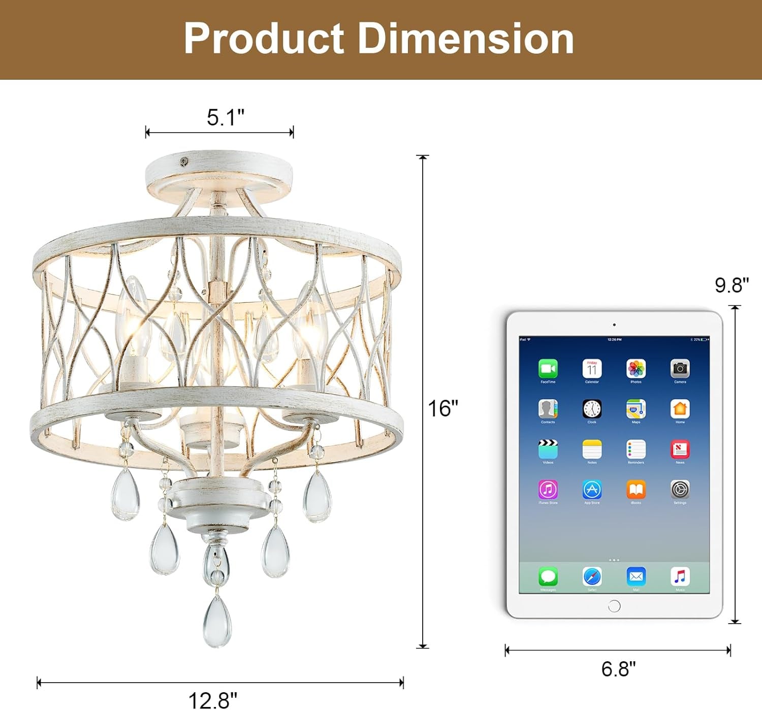 Farmhouse Crystal Ceiling Light Three Light White Fixture