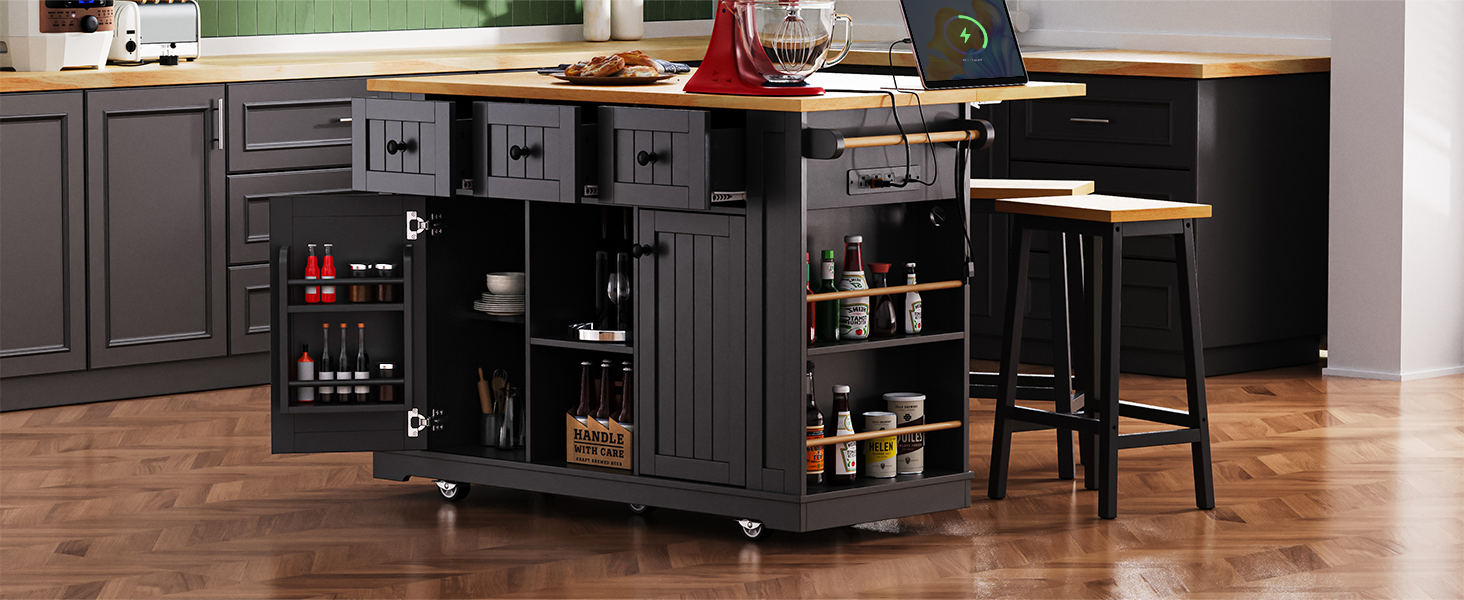 K&K 53inch Large Kitchen Island with 2 Bar Stools, Power Outlet,Door Internal Storage Rack, Kitchen Storage Cart on 5 Wheels with Drop Leaf, 5 Open Side Racks, 3 Drawers, for Kitchen,Dining Room,Black