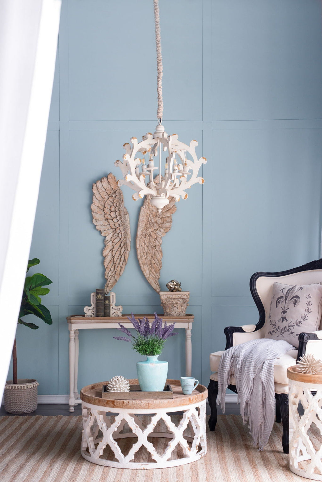 6 Light White Wood and Iron Chandelier with Adjustable Chain