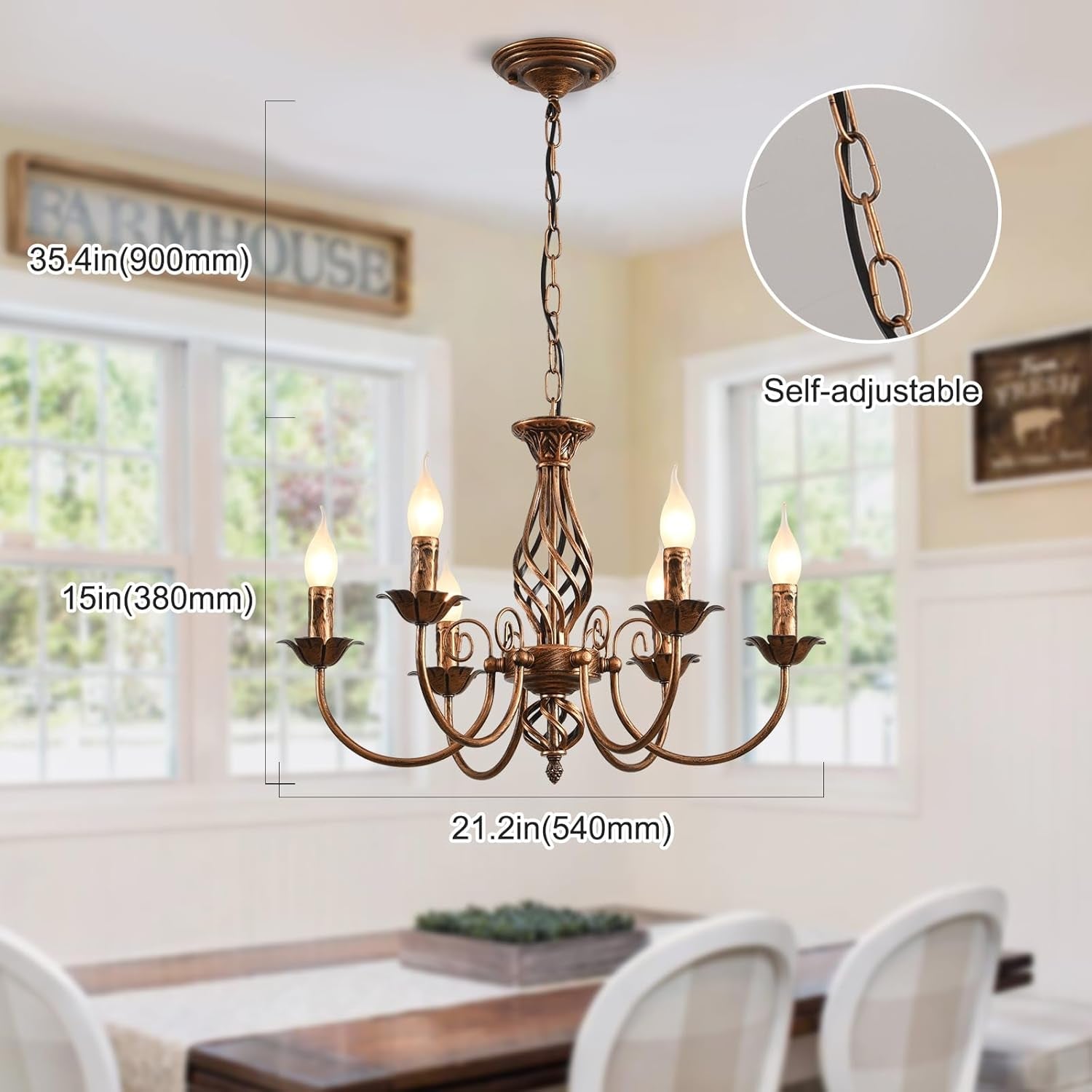 Bronze Rustic Farmhouse Chandelier Six Light Pendant