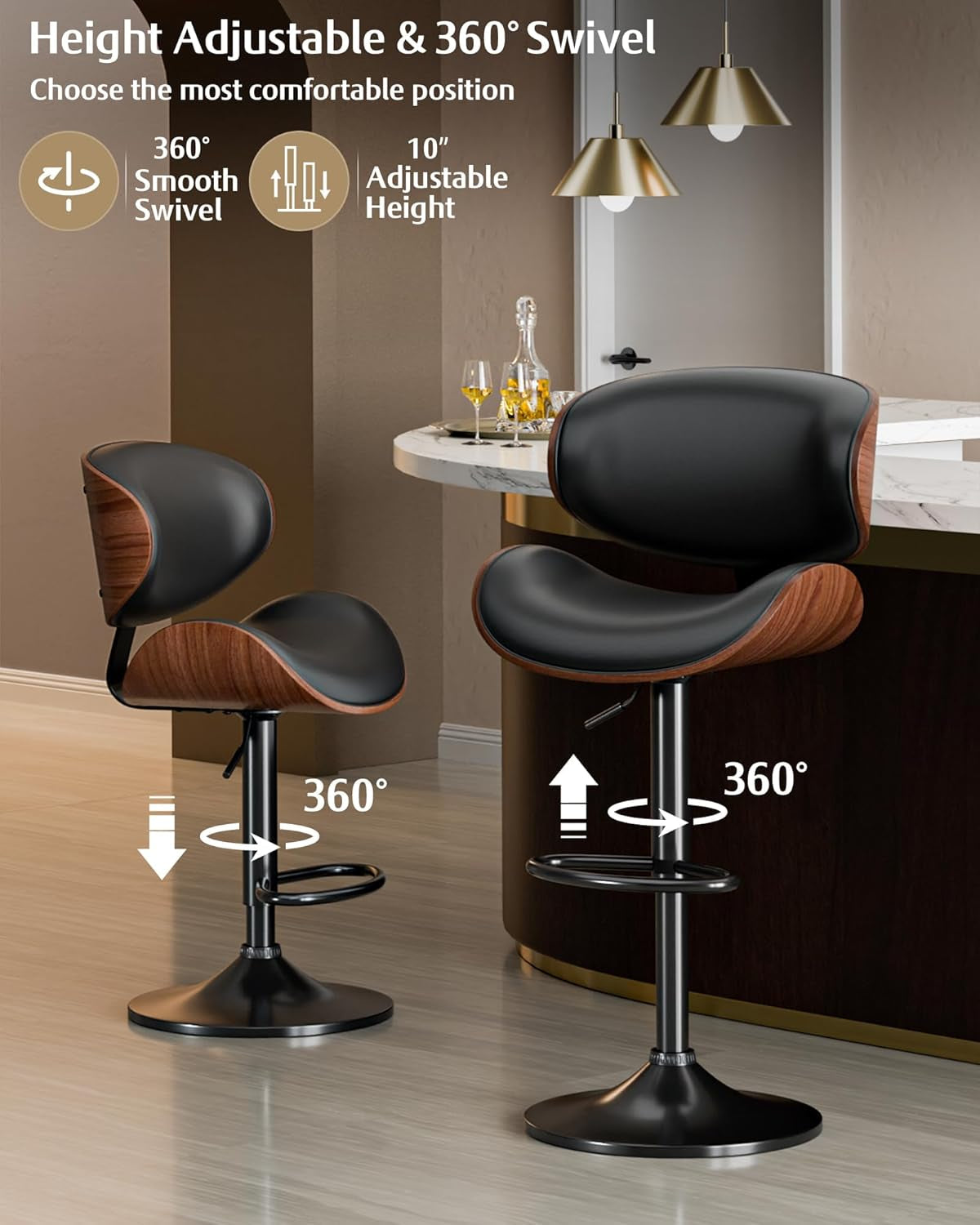 Set Of 2 Adjustable Swivel Bar Stools For Kitchen Island Black