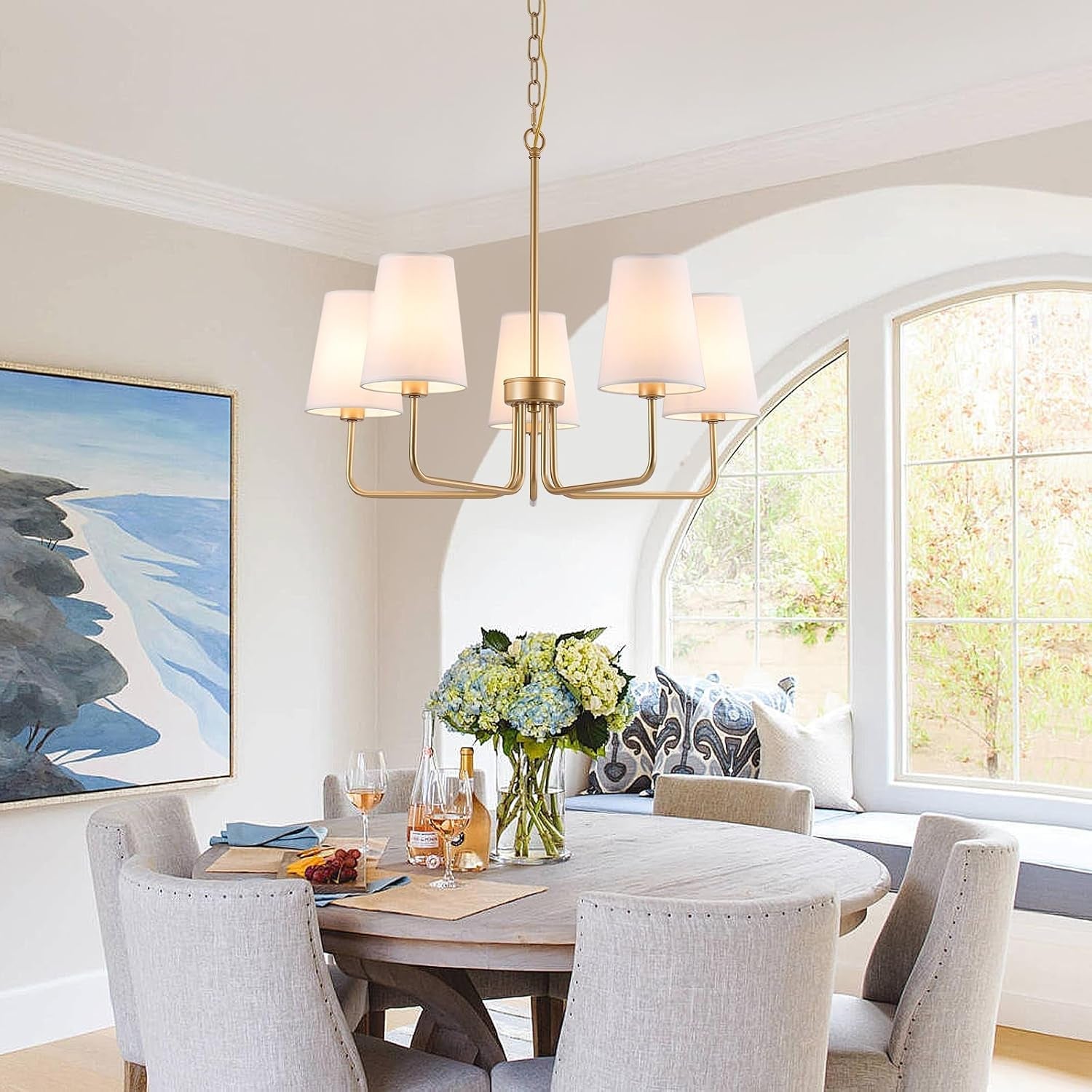 Five Light Gilded Farmhouse Chandelier With White Shades
