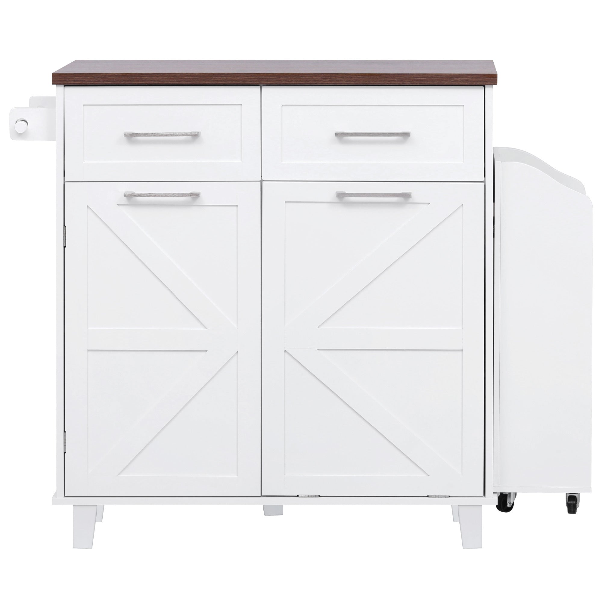 K&K 47.2' Farmhouse Kitchen Island with Drop Leaf, Kitchen Storage Island with Removable Side Racks, Two Drawers, Rolling Kitchen Cart on Wheels with Towel Rack, for Home, Kitchen, Dining Room, White