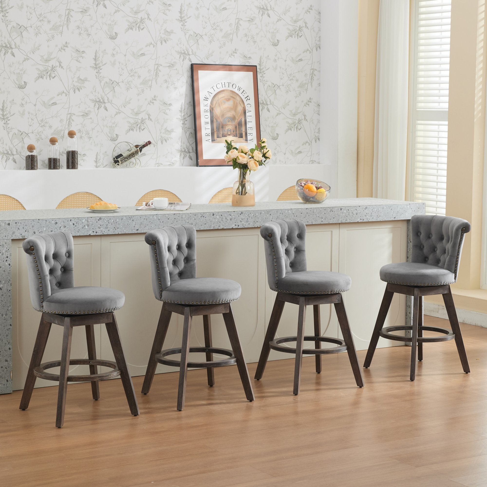 26" Counter Height Bar Stools Set of 2 with 360° Swivel and Velvet Upholstery