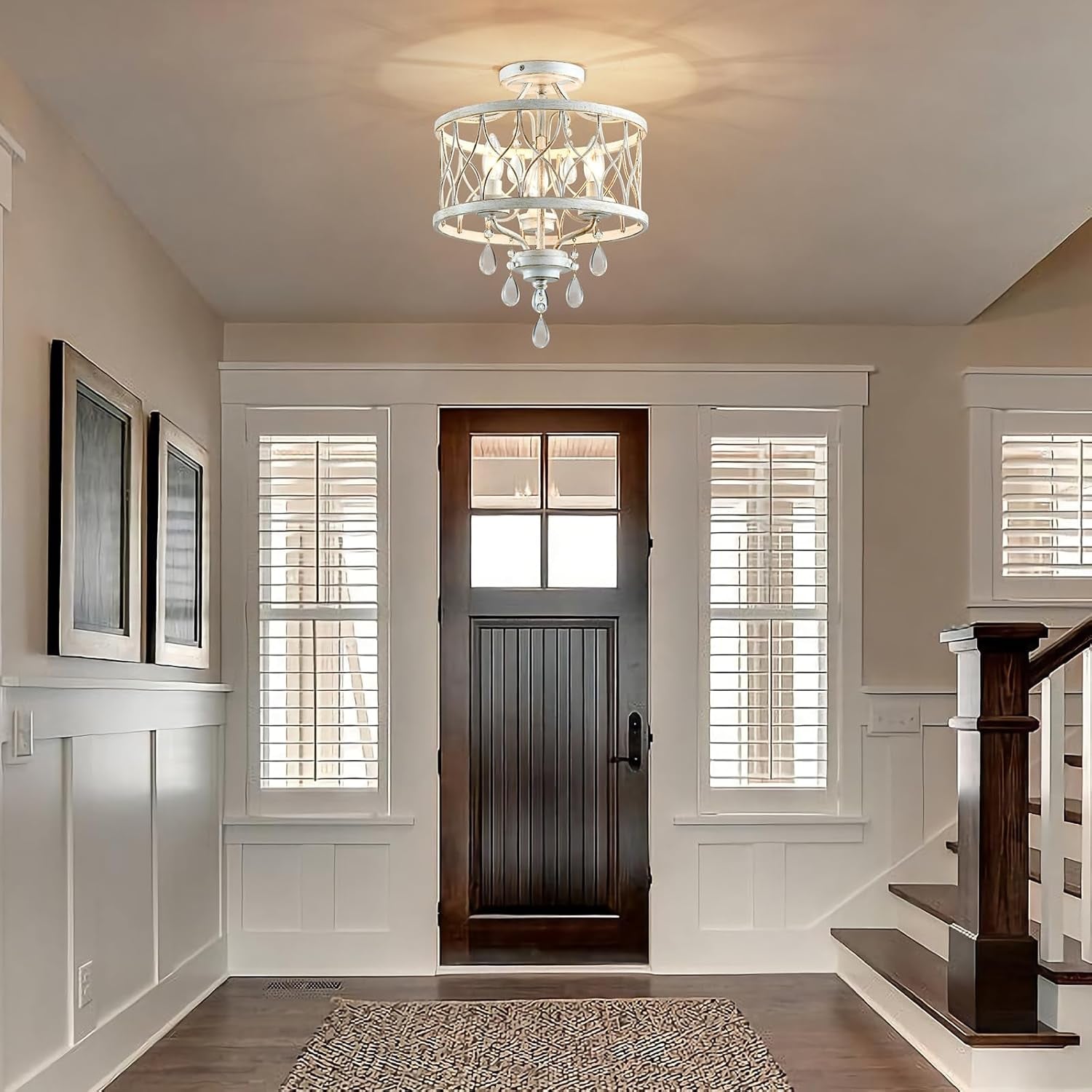 Farmhouse Crystal Ceiling Light Three Light White Fixture