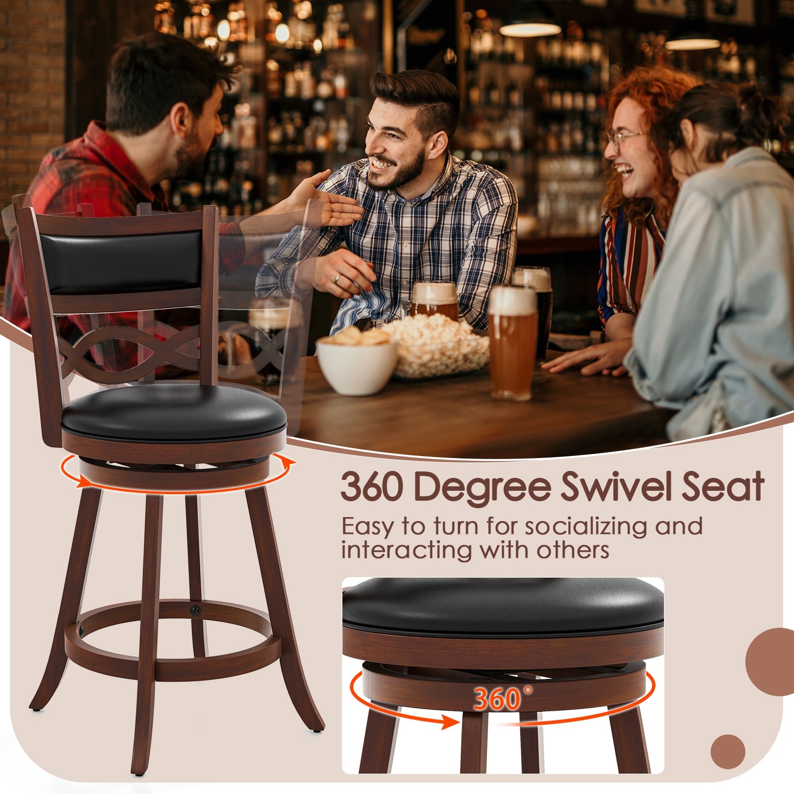 Bar Stools Set of 2 with Rubber Wood Frame and Faux Leather Upholstered Seat-24 Inch