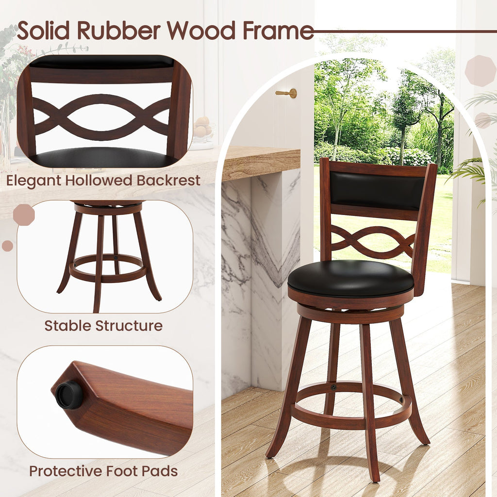 Bar Stools Set of 2 with Rubber Wood Frame and Faux Leather Upholstered Seat-24 Inch