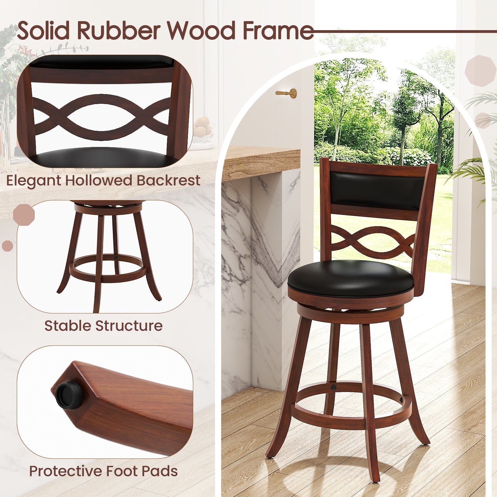 Bar Stools Set of 2 with Rubber Wood Frame and Faux Leather Upholstered Seat-24 Inch