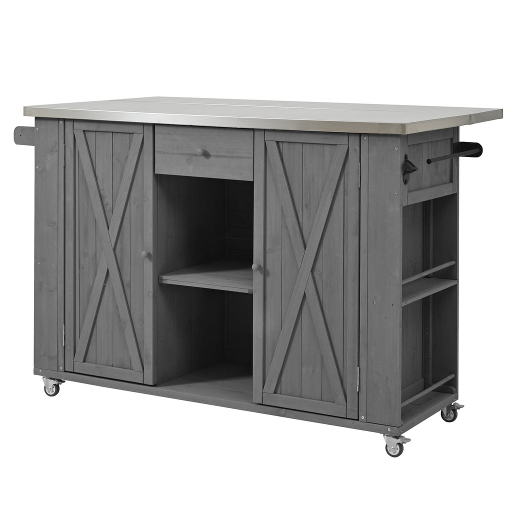 Outdoor Kitchen Island Fir Wood Kitchen Island with Stainless Steel Top, Ample Storage, Towel and Spice Racks, Bottle Opener, Grey