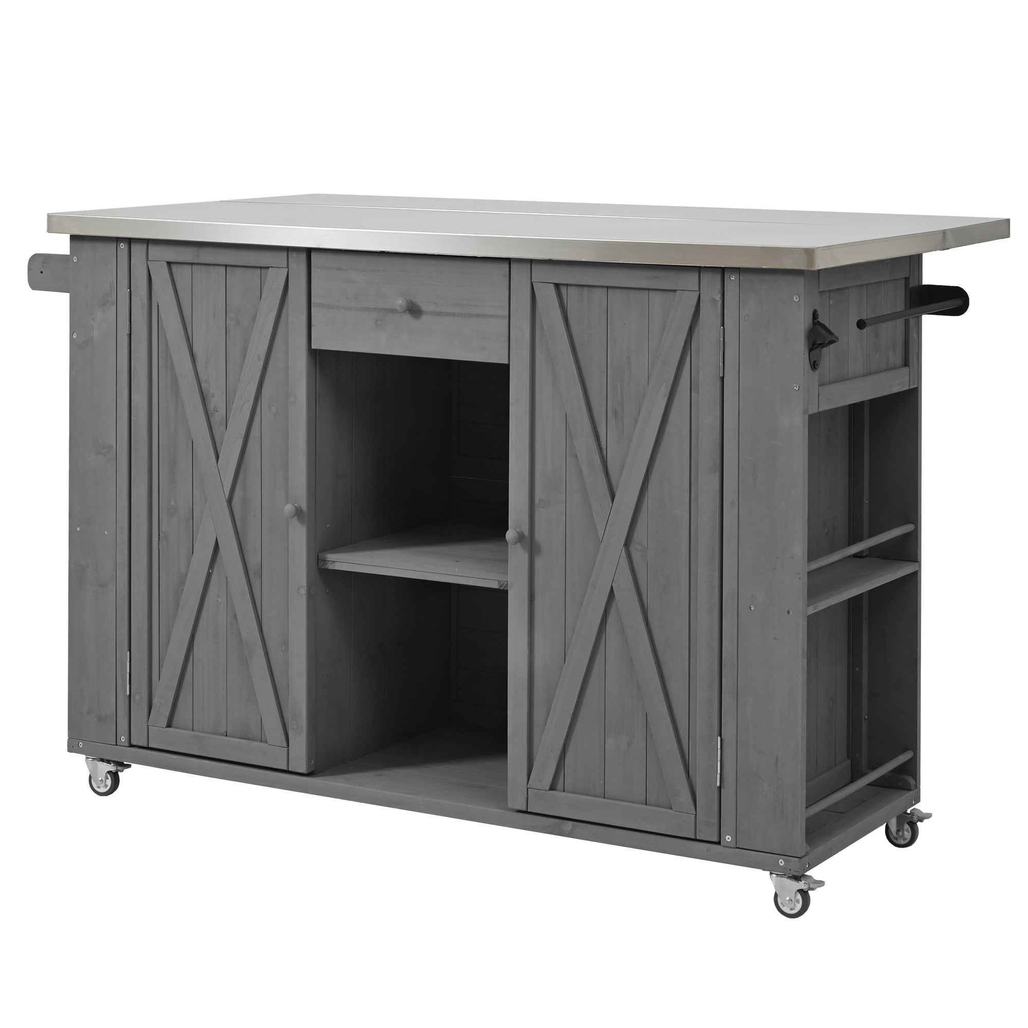 Outdoor Kitchen Island Fir Wood Kitchen Island with Stainless Steel Top, Ample Storage, Towel and Spice Racks, Bottle Opener, Grey