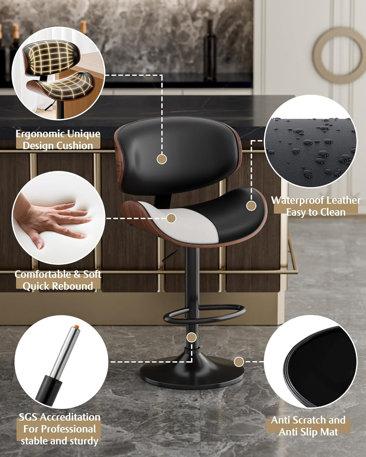 Set Of 2 Adjustable Swivel Bar Stools For Kitchen Island Black