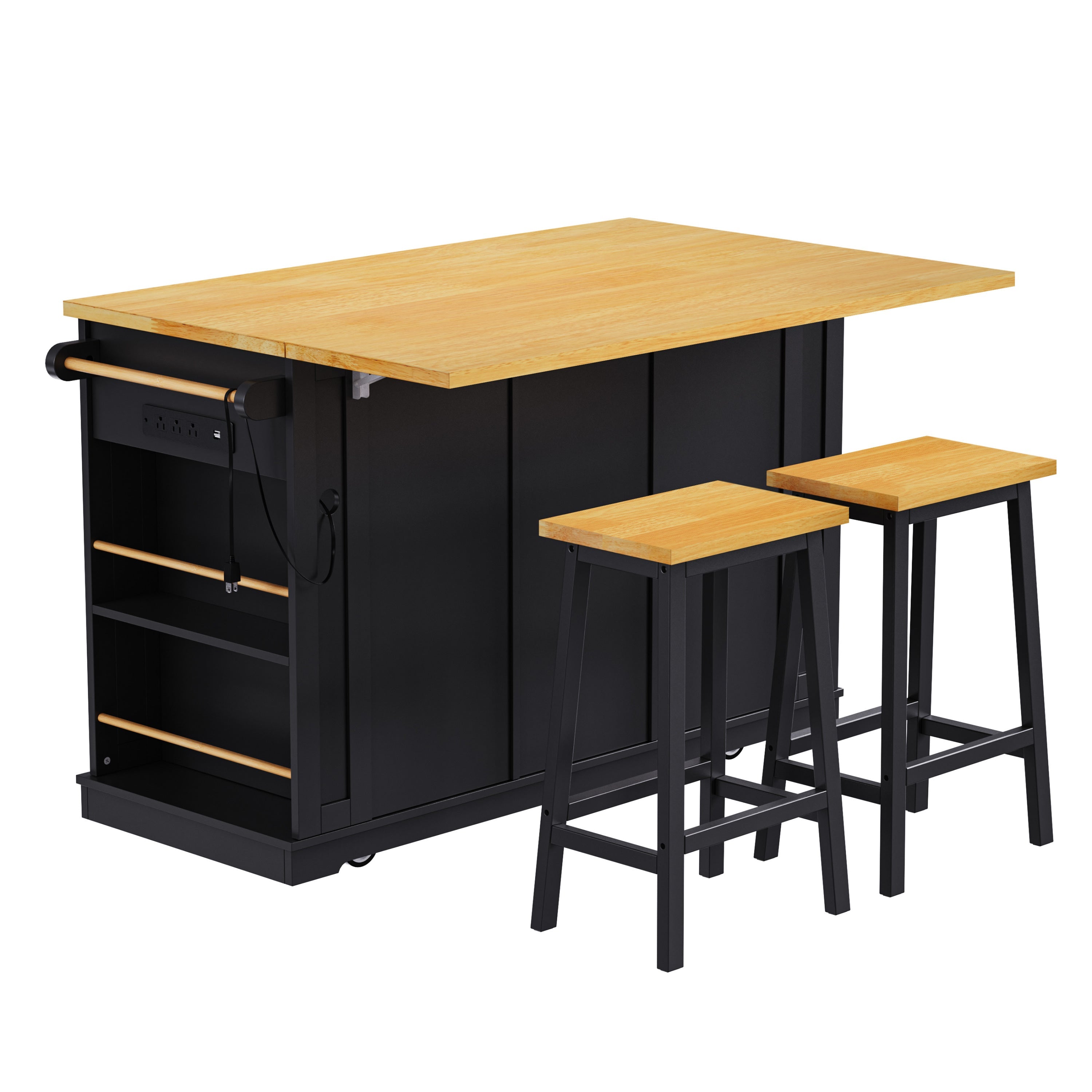 K&K 53inch Large Kitchen Island with 2 Bar Stools, Power Outlet,Door Internal Storage Rack, Kitchen Storage Cart on 5 Wheels with Drop Leaf, 5 Open Side Racks, 3 Drawers, for Kitchen,Dining Room,Black