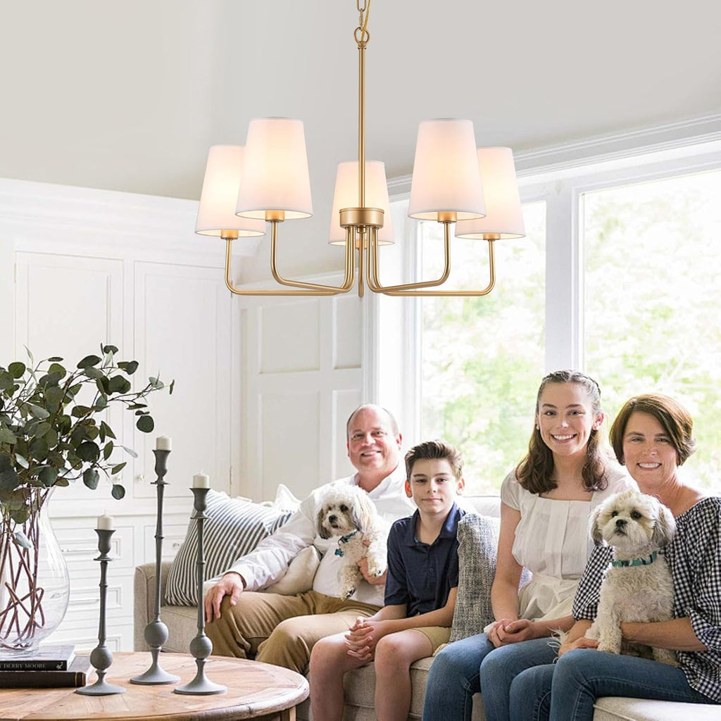 Five Light Gilded Farmhouse Chandelier With White Shades