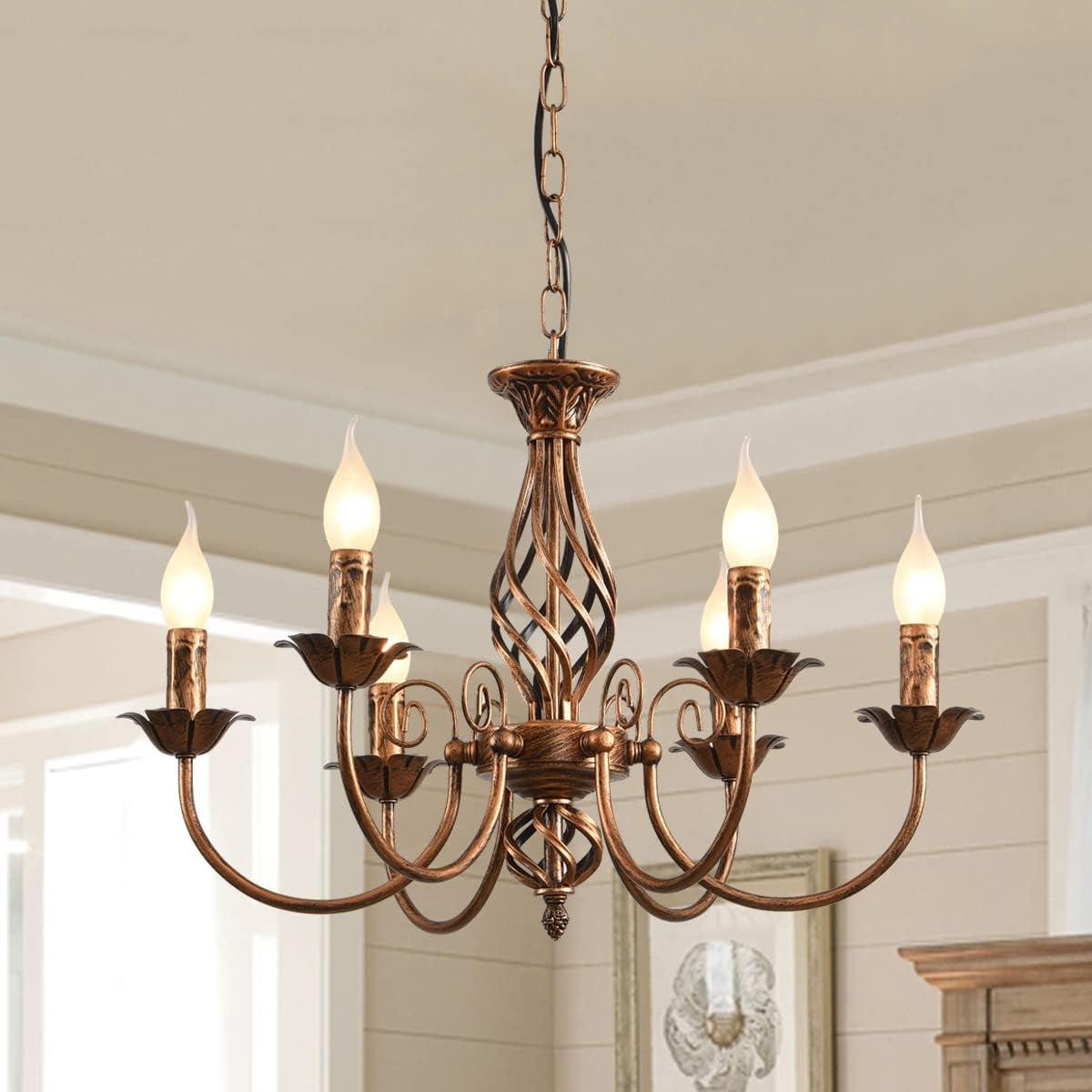 Bronze Rustic Farmhouse Chandelier Six Light Pendant