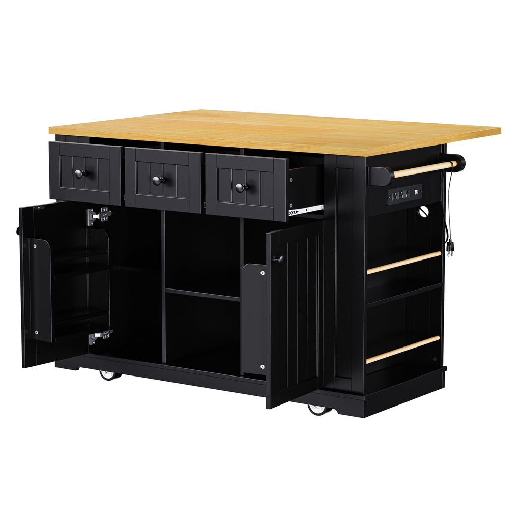 K&K 53inch Large Kitchen Island with 2 Bar Stools, Power Outlet,Door Internal Storage Rack, Kitchen Storage Cart on 5 Wheels with Drop Leaf, 5 Open Side Racks, 3 Drawers, for Kitchen,Dining Room,Black