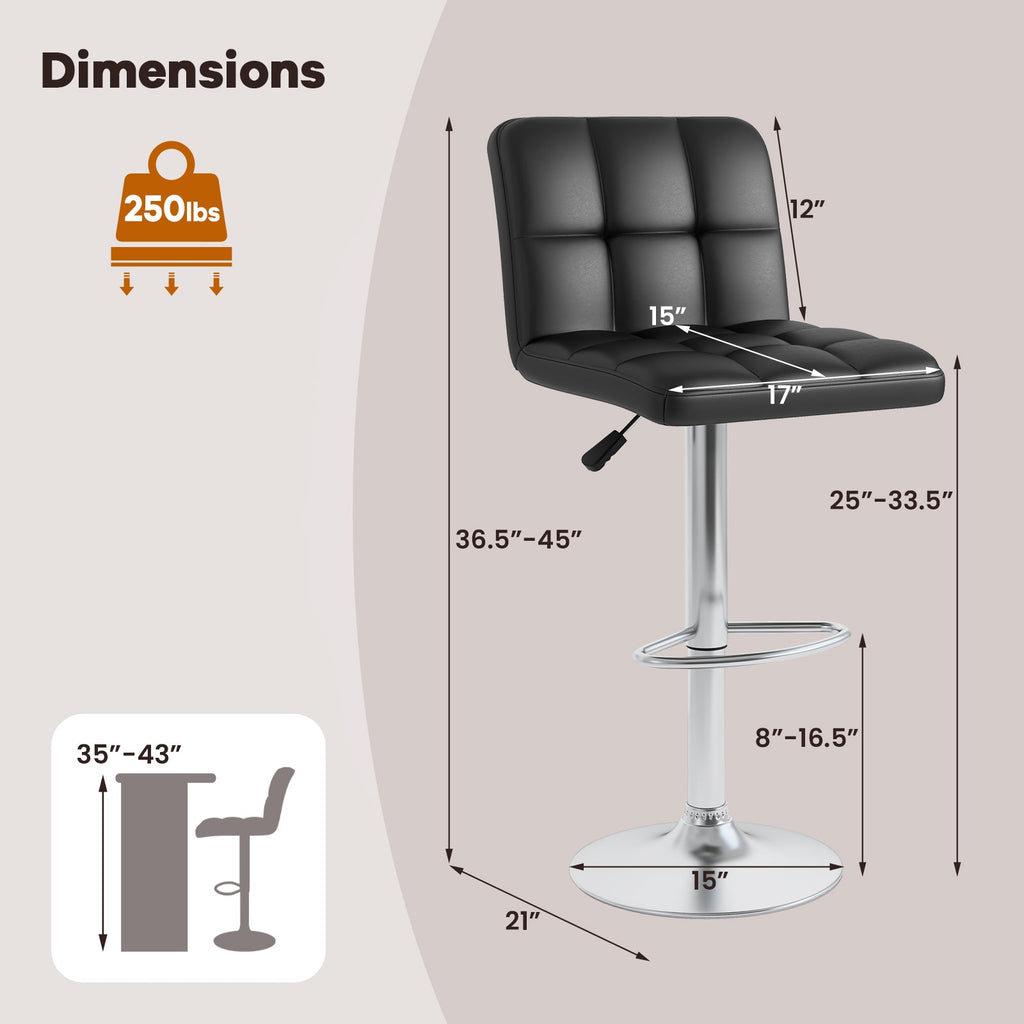 Set of 2 Square Swivel Adjustable PU Leather Bar Stools with Back and Footrest-Black