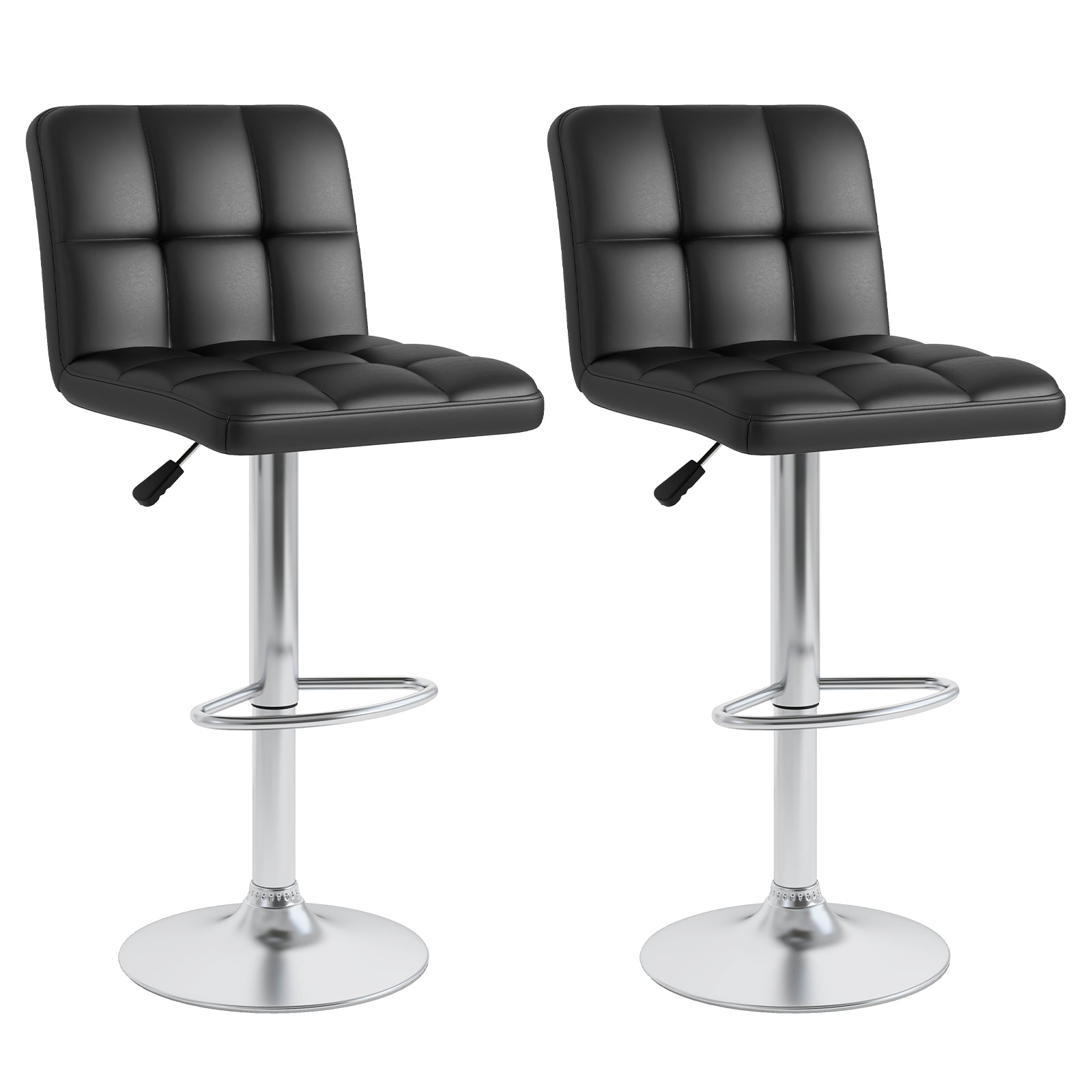 Set of 2 Square Swivel Adjustable PU Leather Bar Stools with Back and Footrest-Black