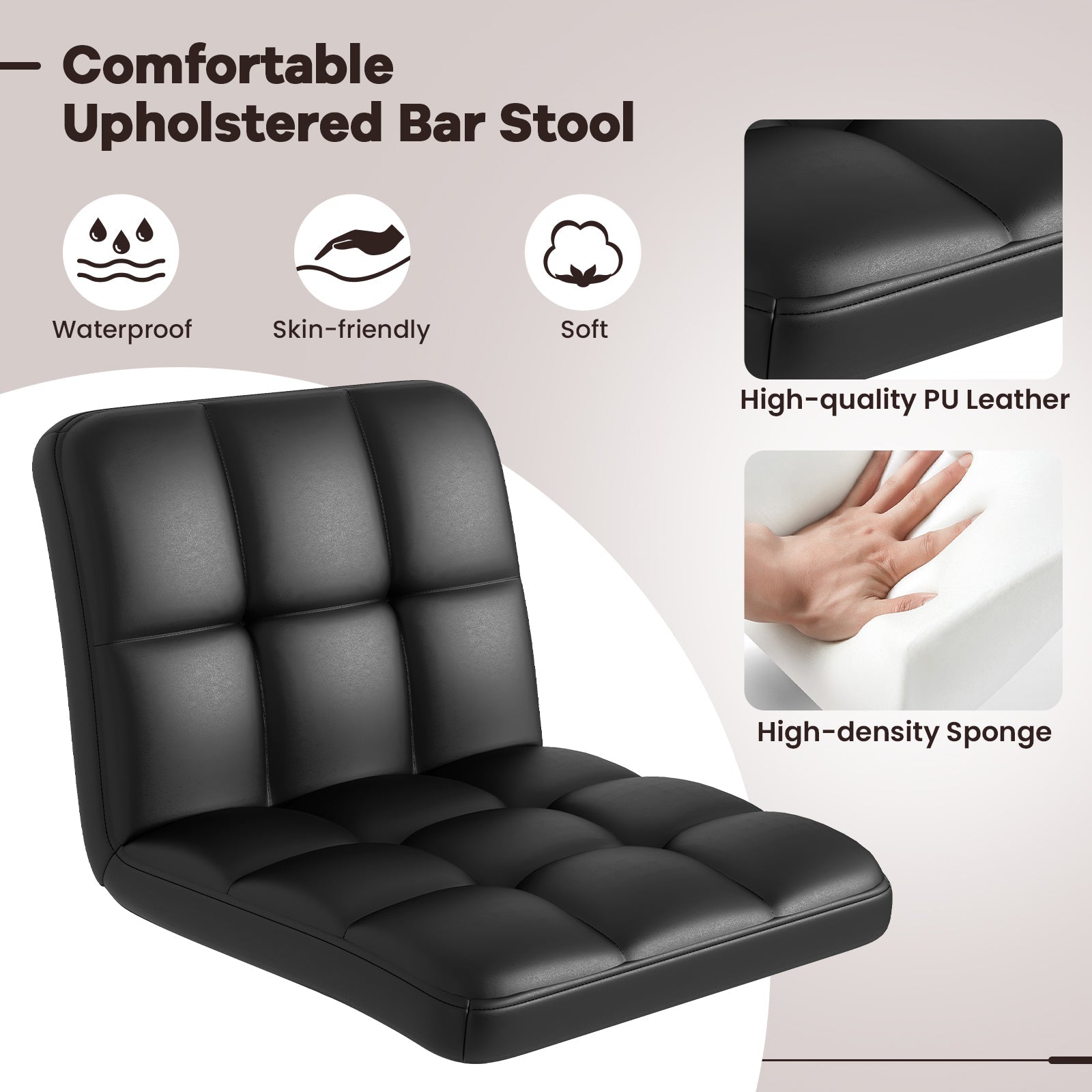 Set of 2 Square Swivel Adjustable PU Leather Bar Stools with Back and Footrest-Black