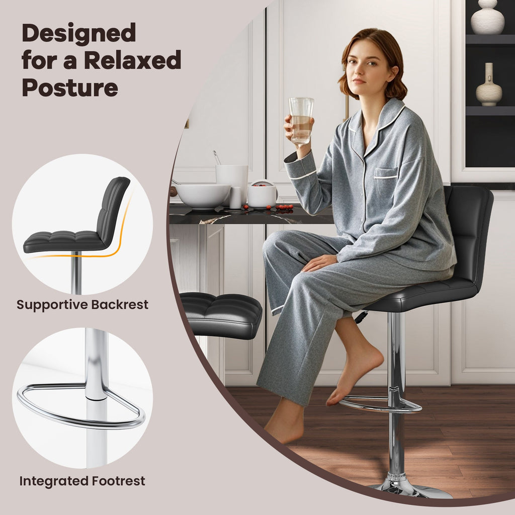 Set of 2 Square Swivel Adjustable PU Leather Bar Stools with Back and Footrest-Black