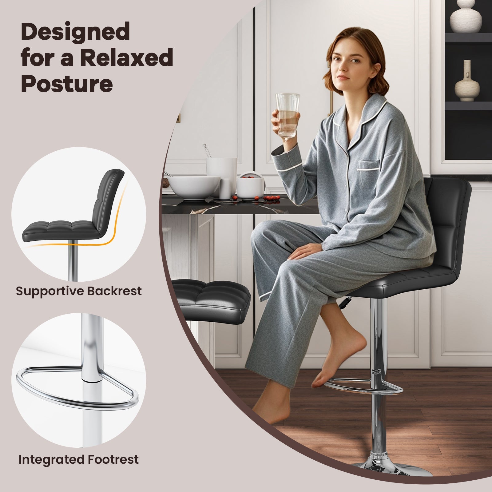 Set of 2 Square Swivel Adjustable PU Leather Bar Stools with Back and Footrest-Black