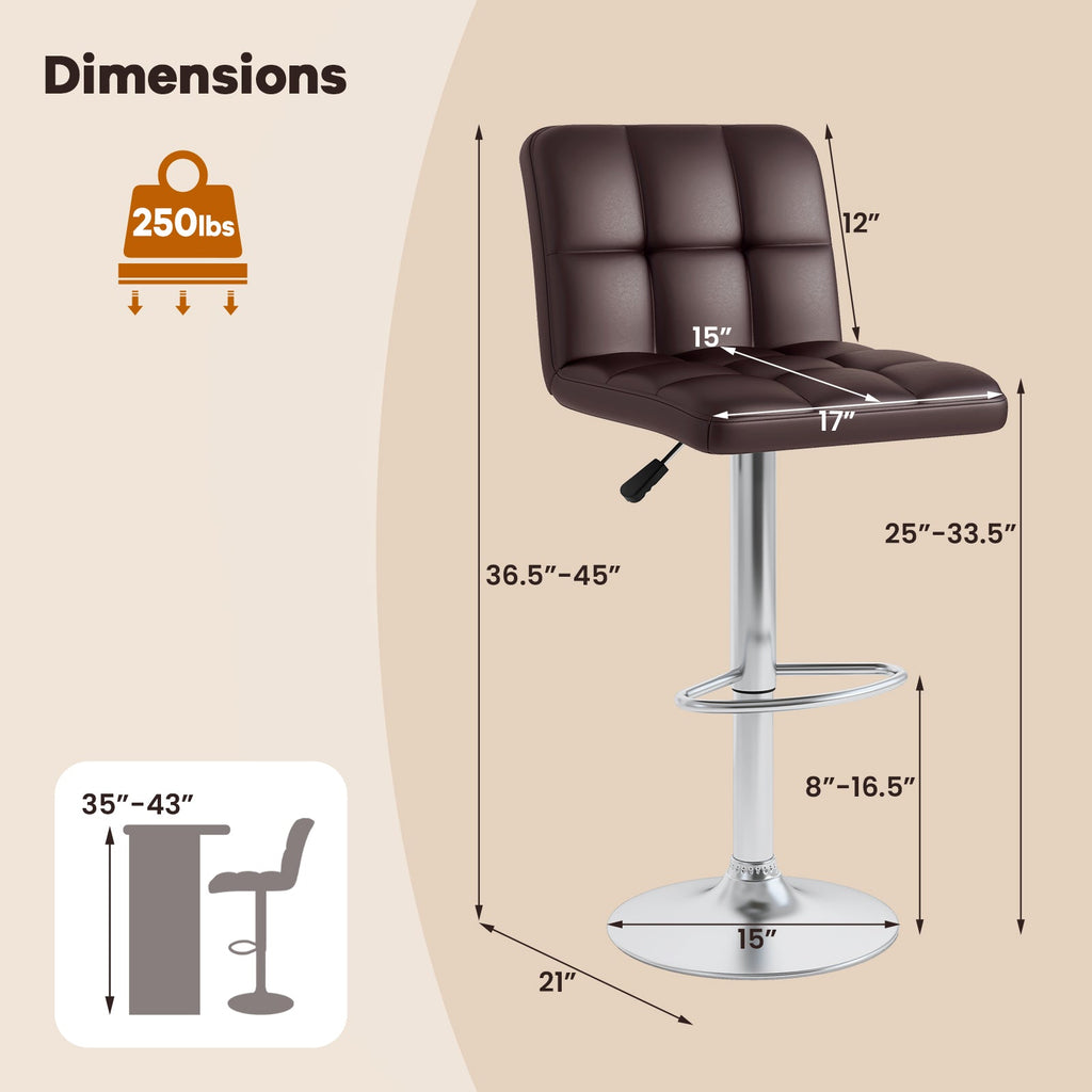 Set of 2 Square Swivel Adjustable PU Leather Bar Stools with Back and Footrest-Coffee