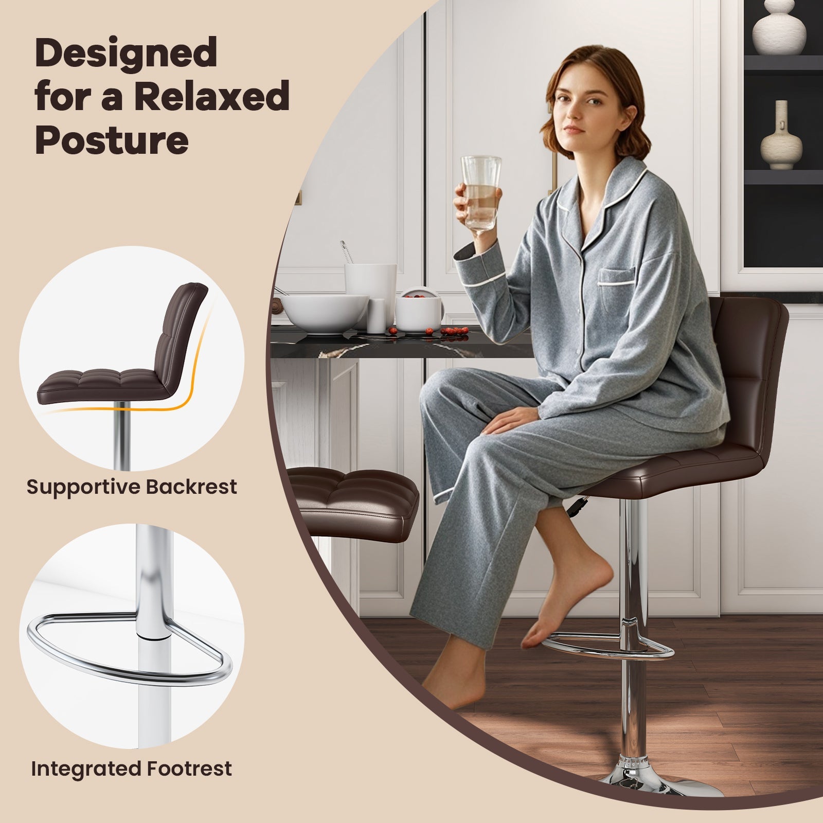 Set of 2 Square Swivel Adjustable PU Leather Bar Stools with Back and Footrest-Coffee