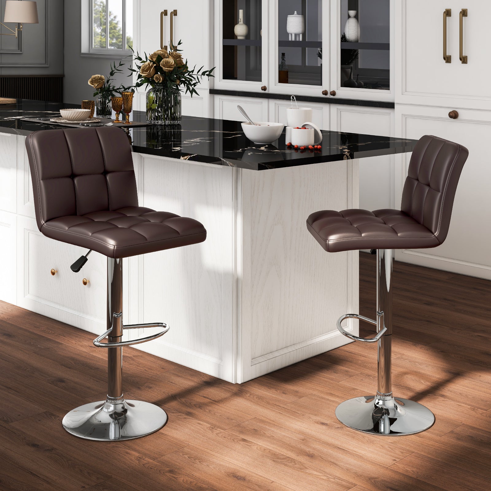 Set of 2 Square Swivel Adjustable PU Leather Bar Stools with Back and Footrest-Coffee