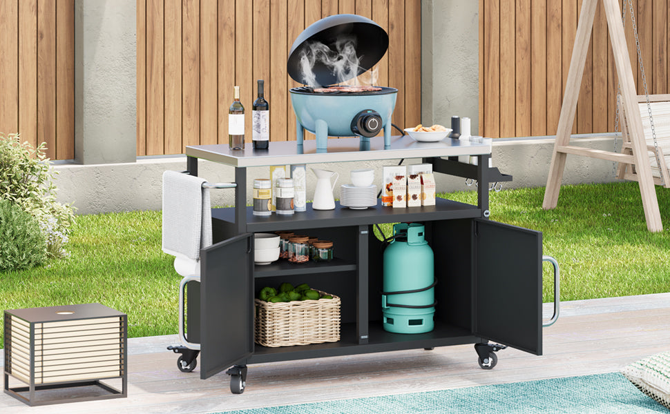 K&K 54.5' Outdoor Kitchen Island with Stainless Steel Tabletop and Storage