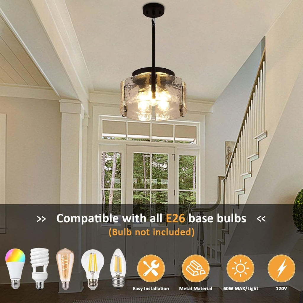 Black Adjustable Farmhouse Chandelier For Dining Room With Hammered Glass