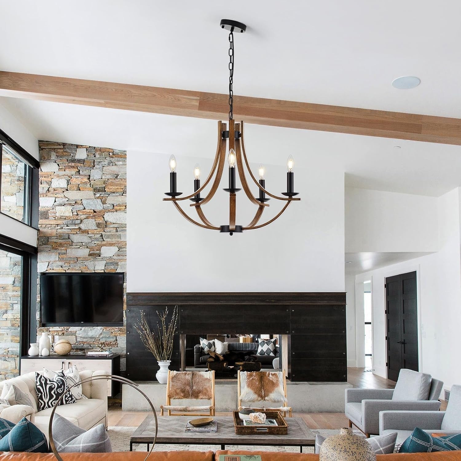 22 Inch Farmhouse Wooden Chandelier In Black Finish For Dining Room Lighting With Candle Style Ambience