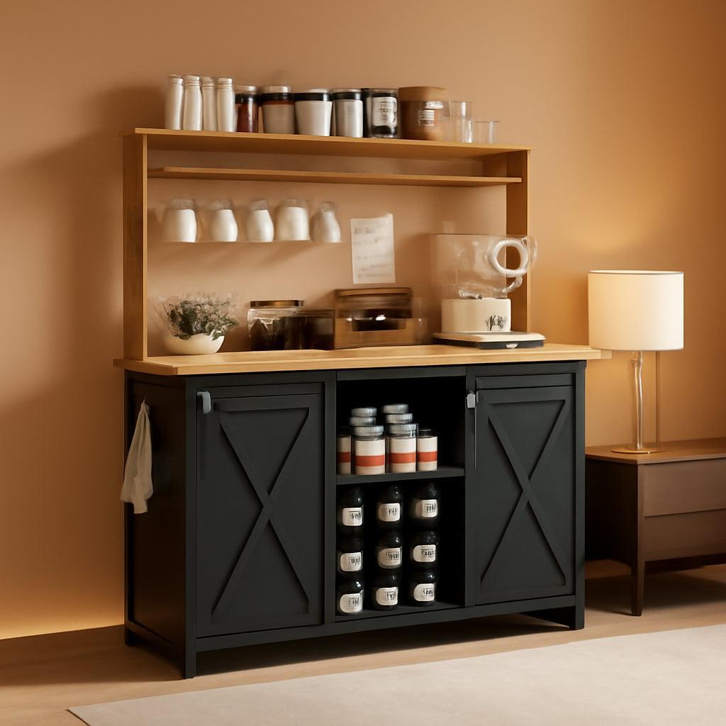 Black Farmhouse Coffee Bar Cabinet 47 Inch Hutch With Display Top