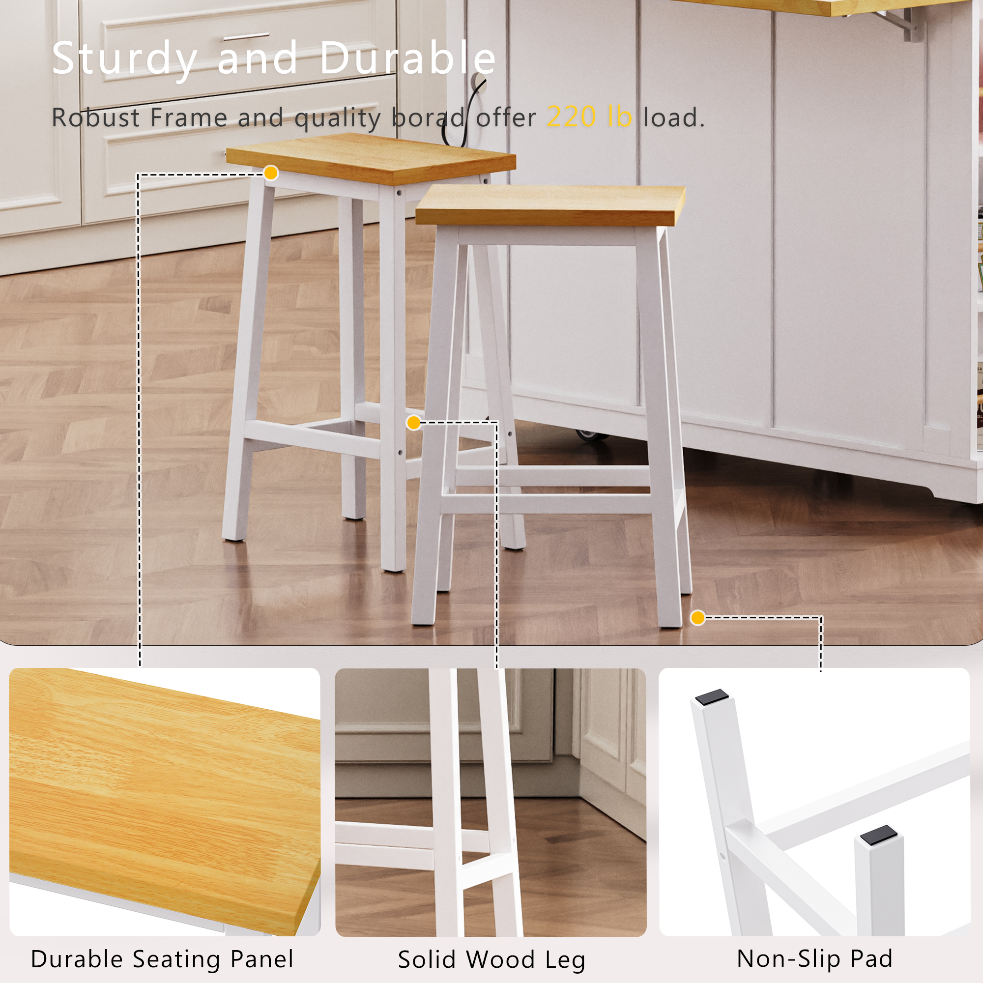K&K 53inch Large Kitchen Island with 2 Bar Stools, Power Outlet,Door Internal Storage Rack, Kitchen Storage Cart on 5 Wheels with Drop Leaf, 5 Open Side Racks, 3 Drawers, for Kitchen,Dining Room,White