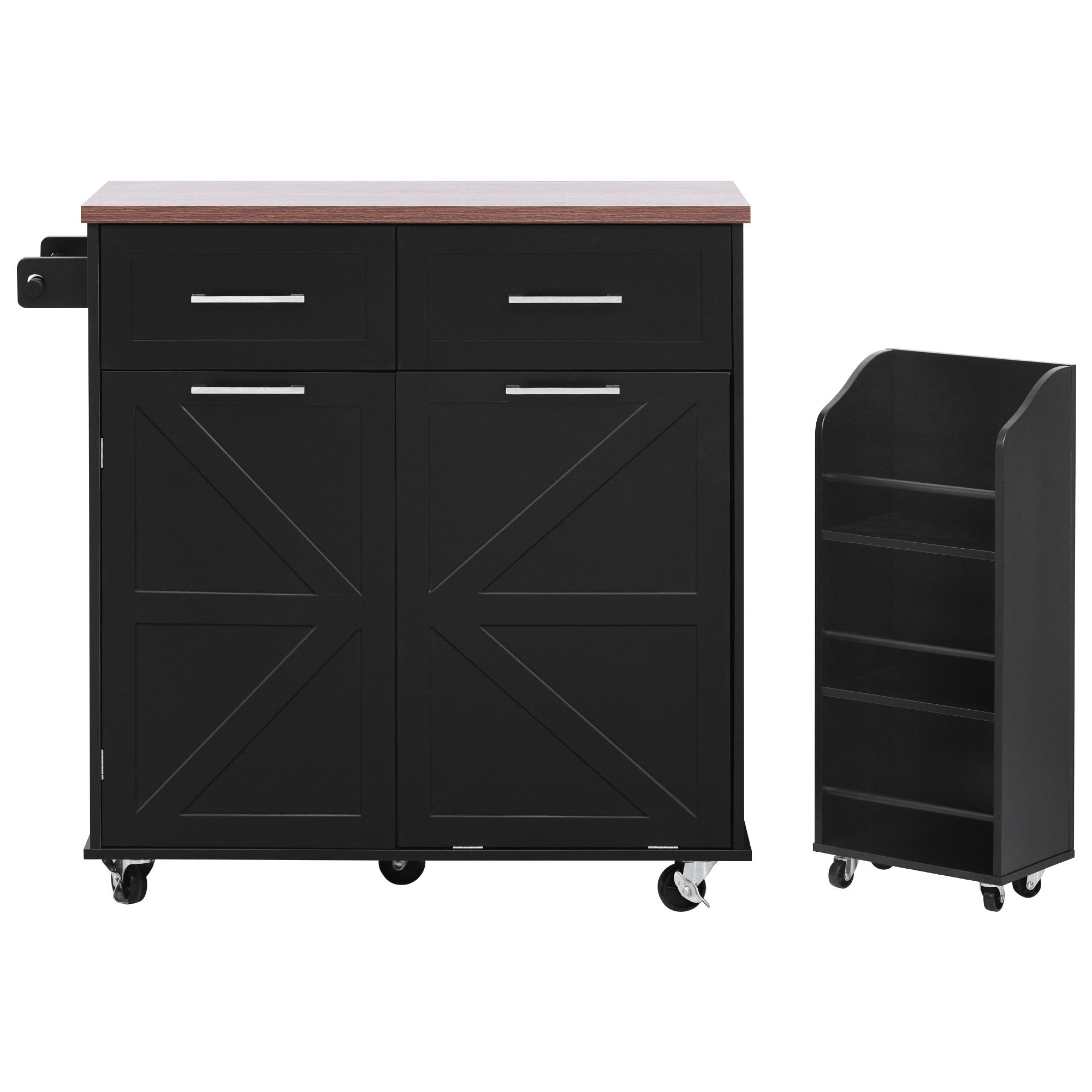 K&K 47.2' Farmhouse Kitchen Island with Drop Leaf, Kitchen Storage Island with Removable Side Racks, Two Drawers, Rolling Kitchen Cart on Wheels with Towel Rack, for Home, Kitchen, Dining Room, Black