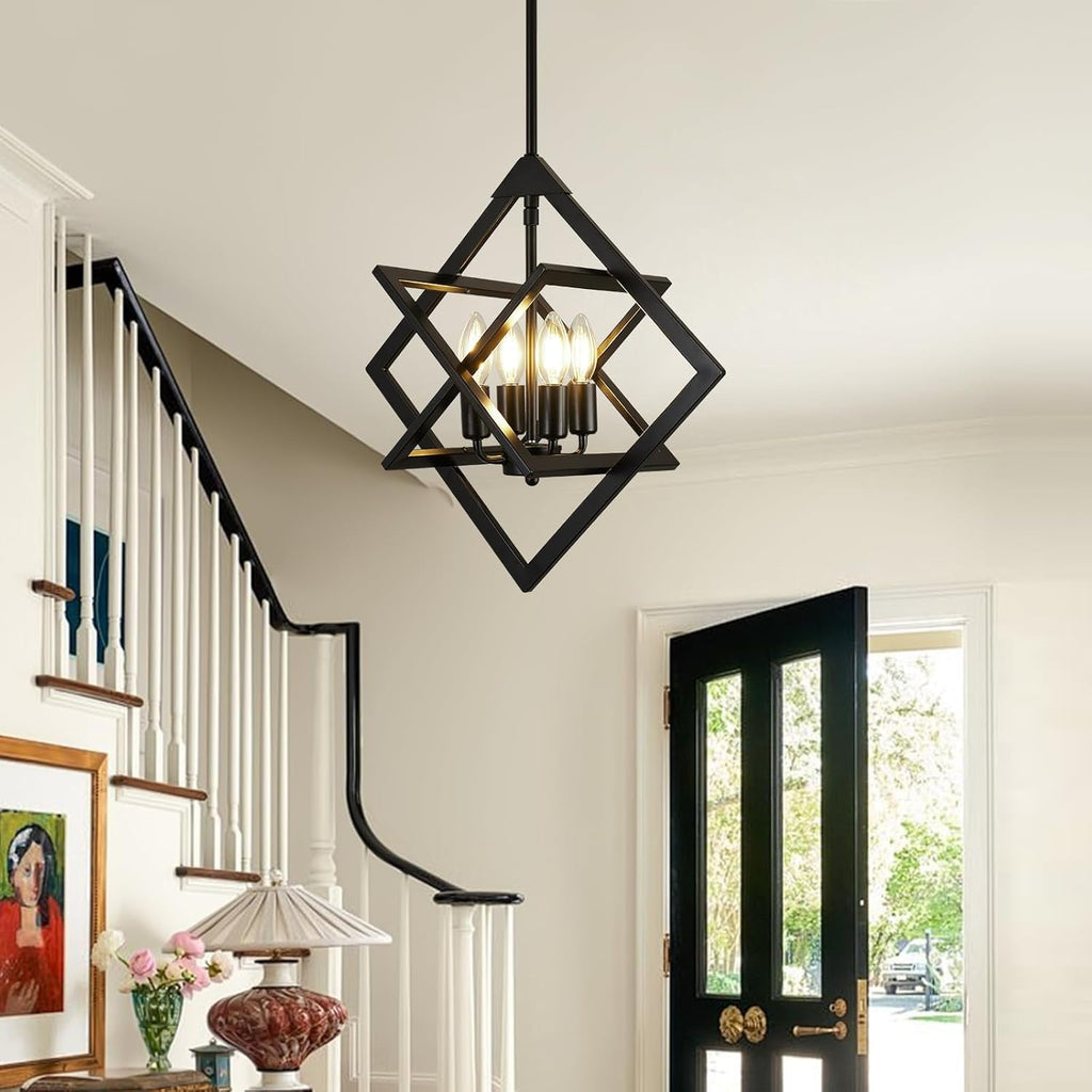 18 Inch Black Geometric Industrial Farmhouse Chandelier With 4 Lights Adjustable Height