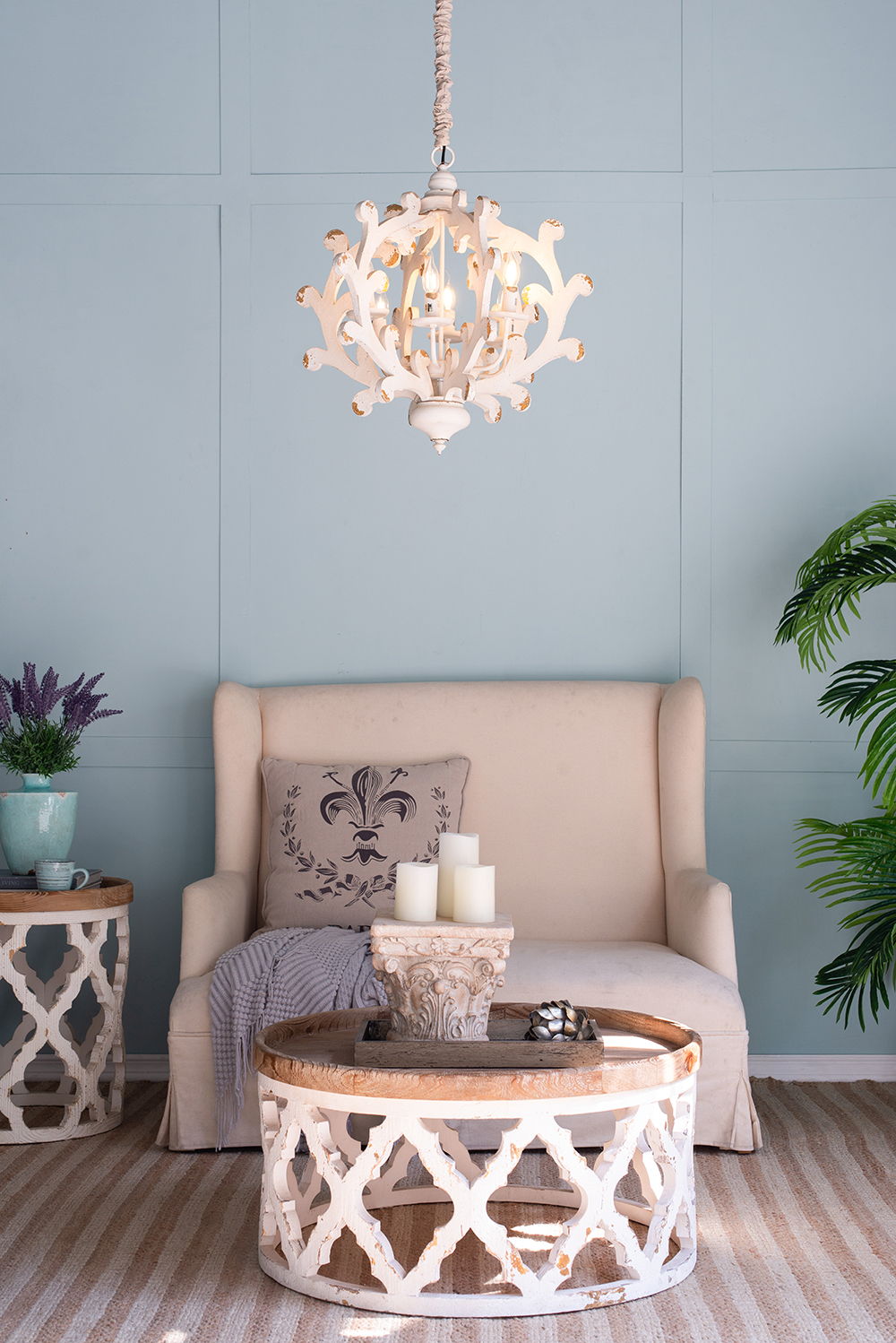 6 Light White Wood and Iron Chandelier with Adjustable Chain