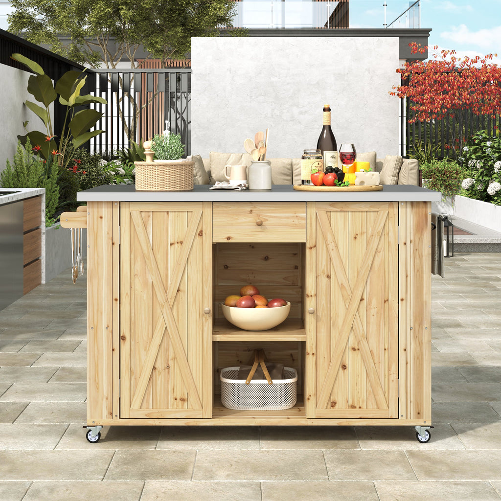 Outdoor Kitchen Island Fir Wood Kitchen Island with Stainless Steel Top, Ample Storage Space, Towel and Spice Racks, Bottle Opener, Natural