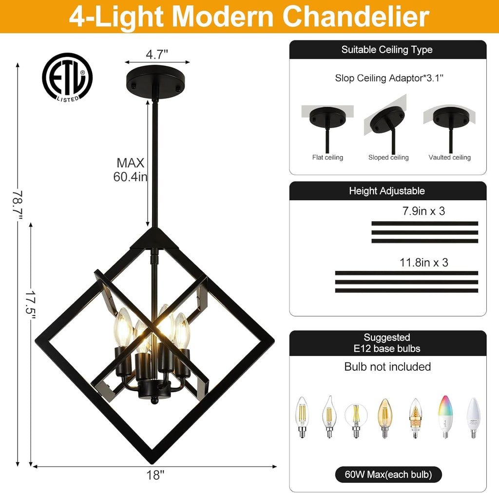 18 Inch Black Geometric Industrial Farmhouse Chandelier With 4 Lights Adjustable Height