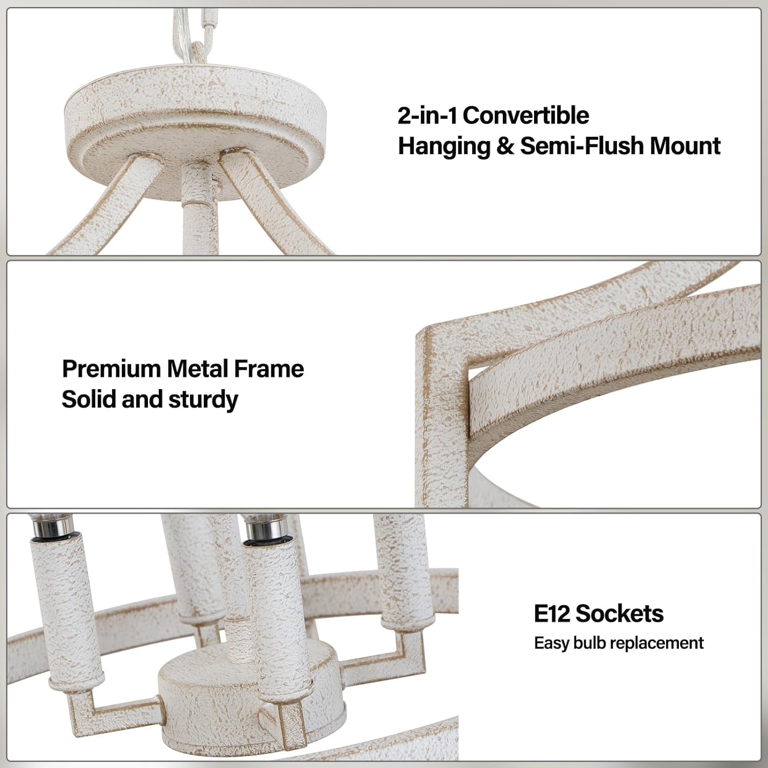 Distressed White 4 Light Farmhouse Chandelier Convertible Mount