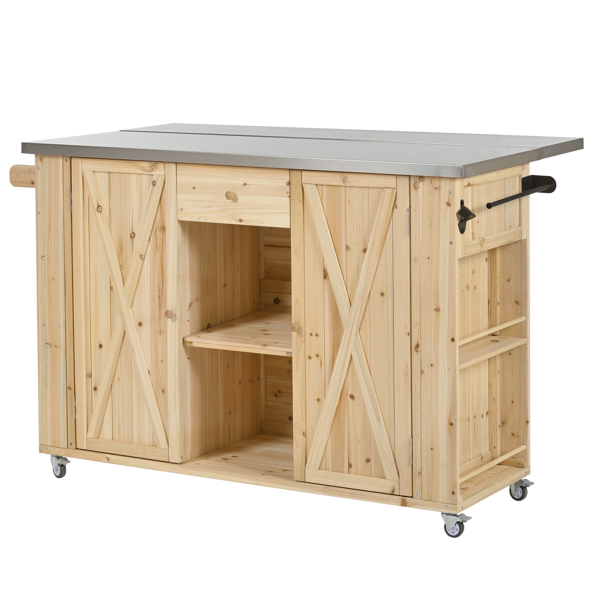 Outdoor Kitchen Island Fir Wood Kitchen Island with Stainless Steel Top, Ample Storage Space, Towel and Spice Racks, Bottle Opener, Natural