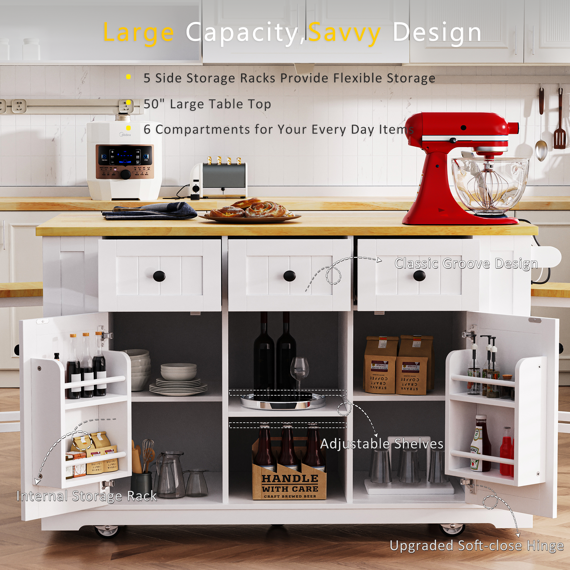 K&K 53inch Large Kitchen Island with 2 Bar Stools, Power Outlet,Door Internal Storage Rack, Kitchen Storage Cart on 5 Wheels with Drop Leaf, 5 Open Side Racks, 3 Drawers, for Kitchen,Dining Room,White