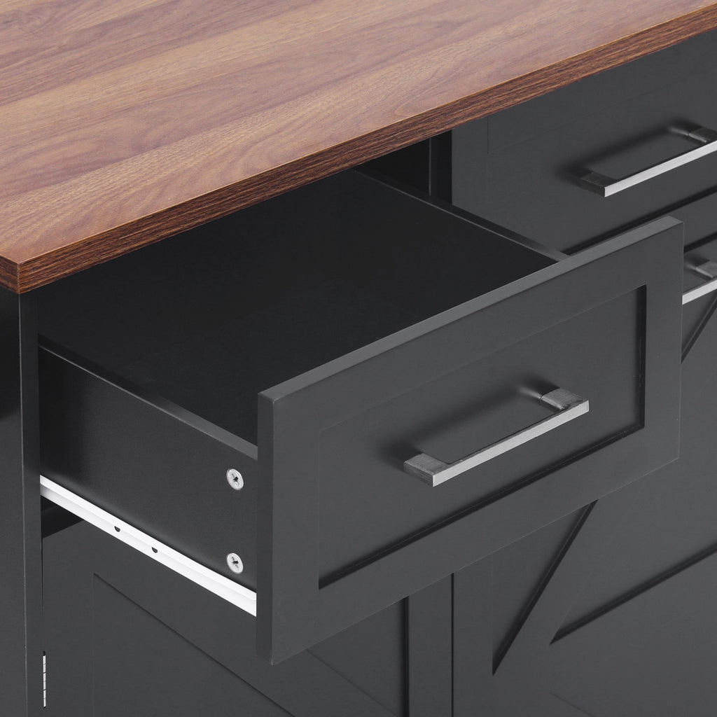 K&K 47.2' Farmhouse Kitchen Island with Drop Leaf, Kitchen Storage Island with Removable Side Racks, Two Drawers, Rolling Kitchen Cart on Wheels with Towel Rack, for Home, Kitchen, Dining Room, Black